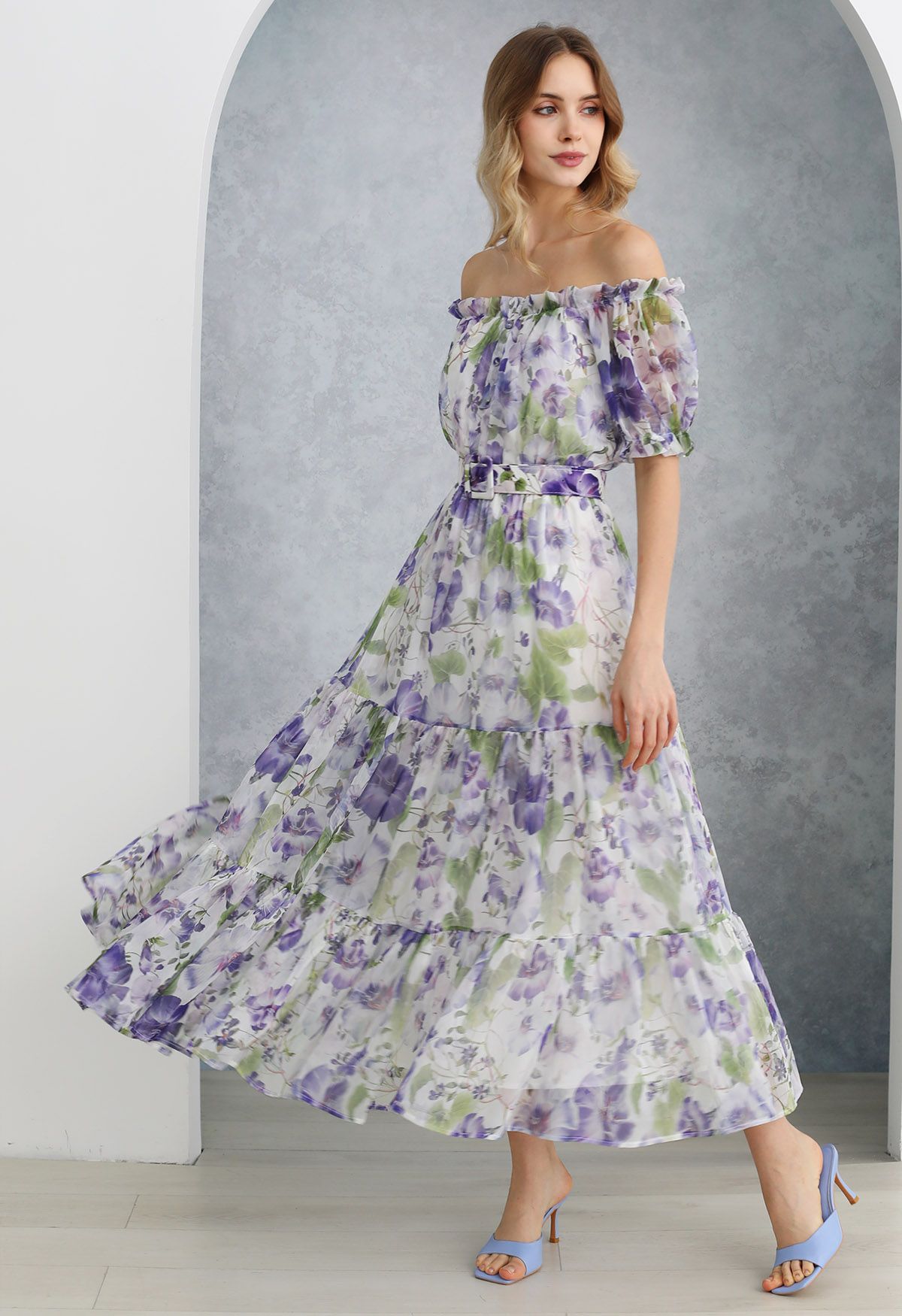 Purple Floral Printed Off-Shoulder Chiffon Dress