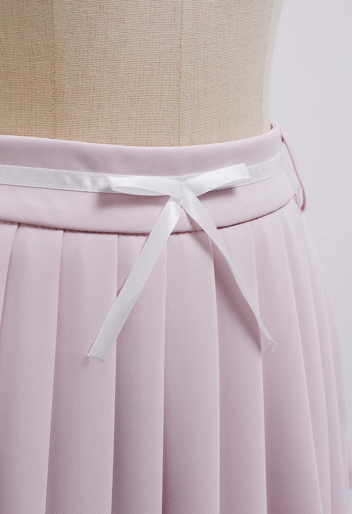 Bowknot Embellished Pleated Mini Skorts in Light Pink