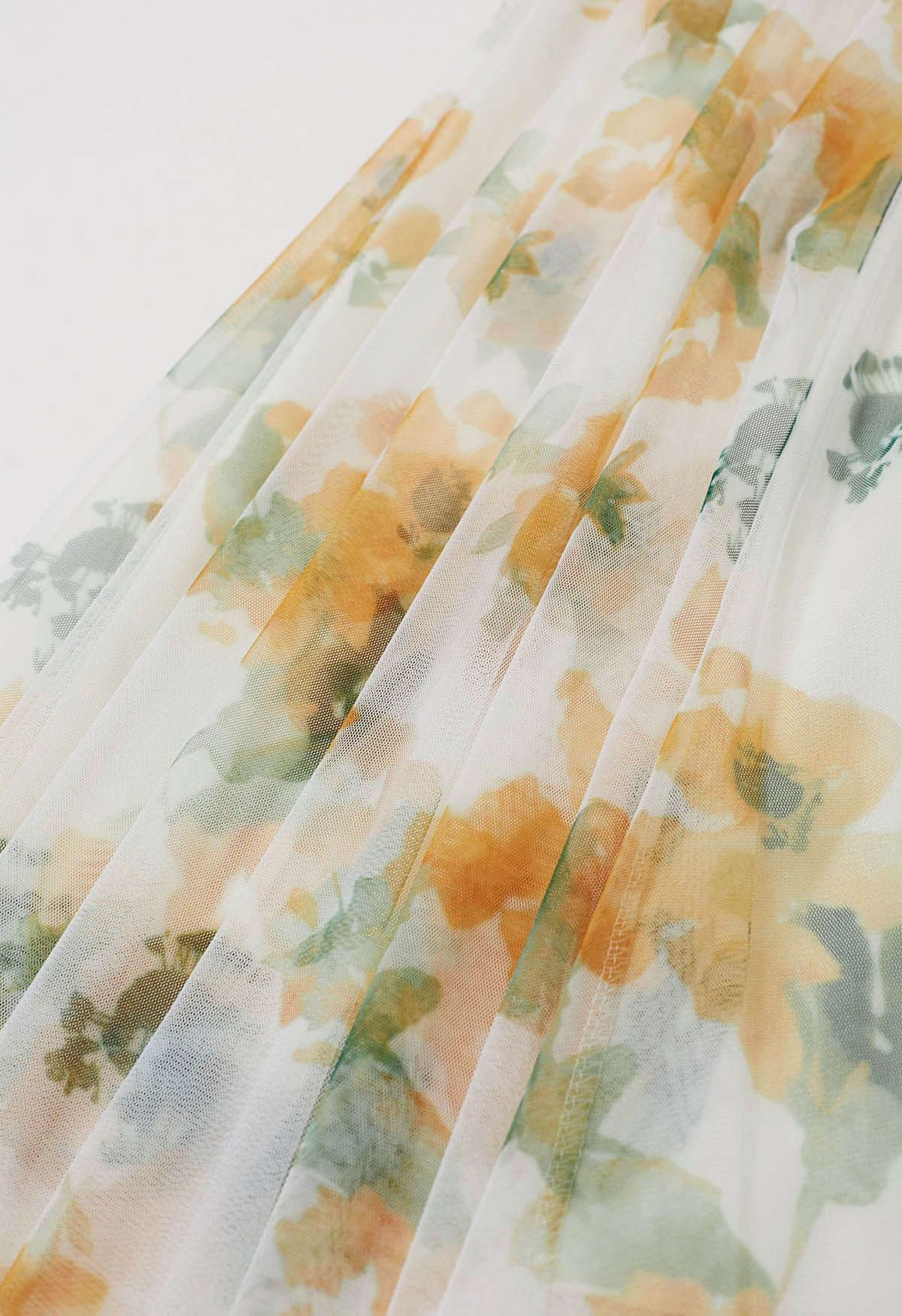 Watercolor Floral Mesh Tulle Midi Skirt in Light Yellow