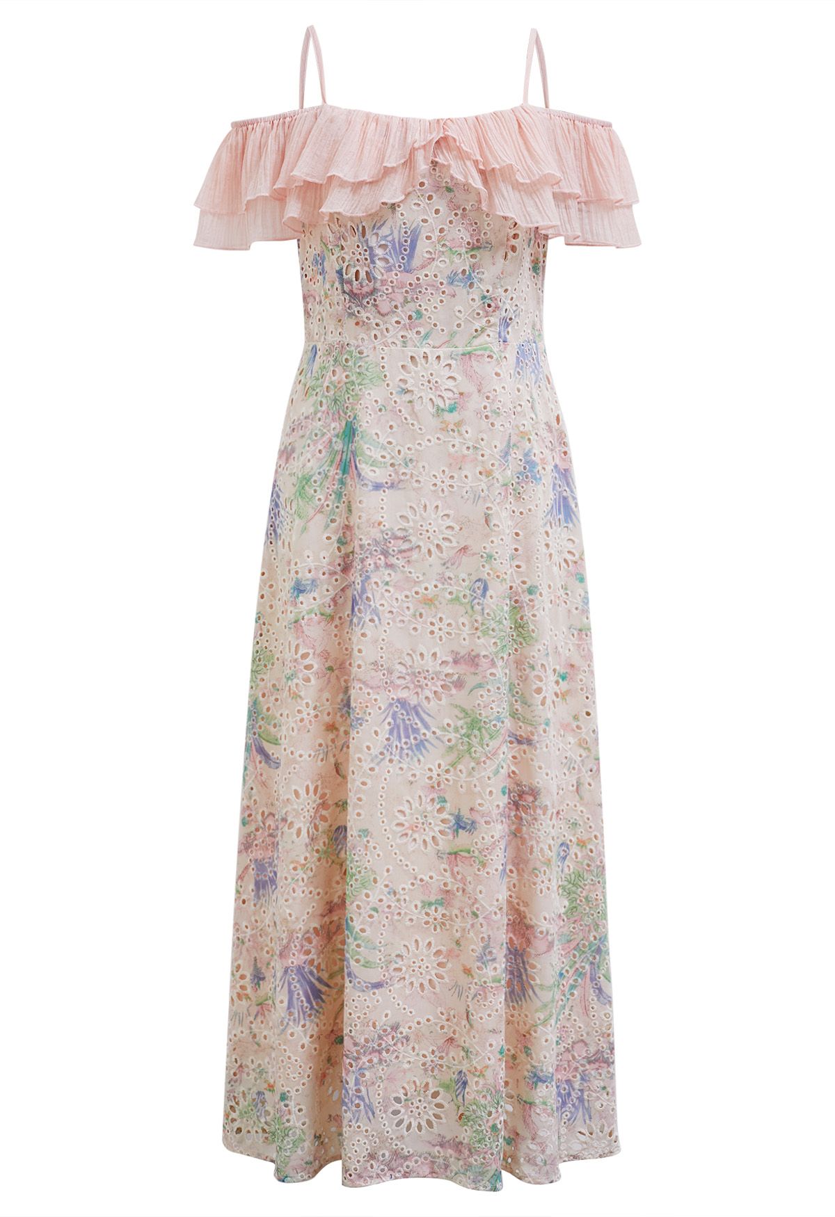 Floral Printed Eyelet Embroidered Flounced Cold-Shoulder Dress