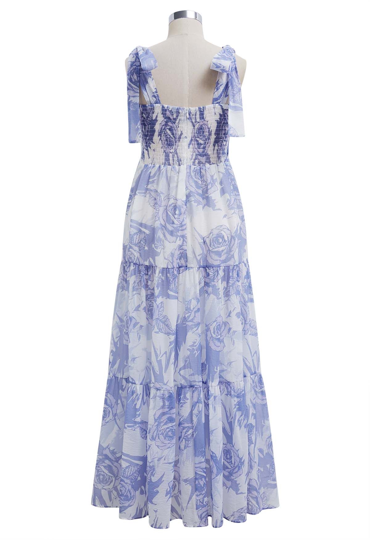 Tranquil Blue Rose Tie-Strap Maxi Dress