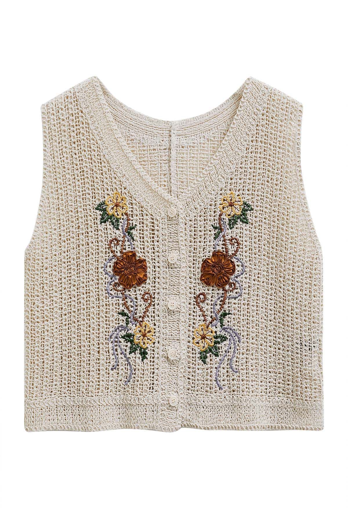 3D Floral Embroidered Crochet Cotton Vest 