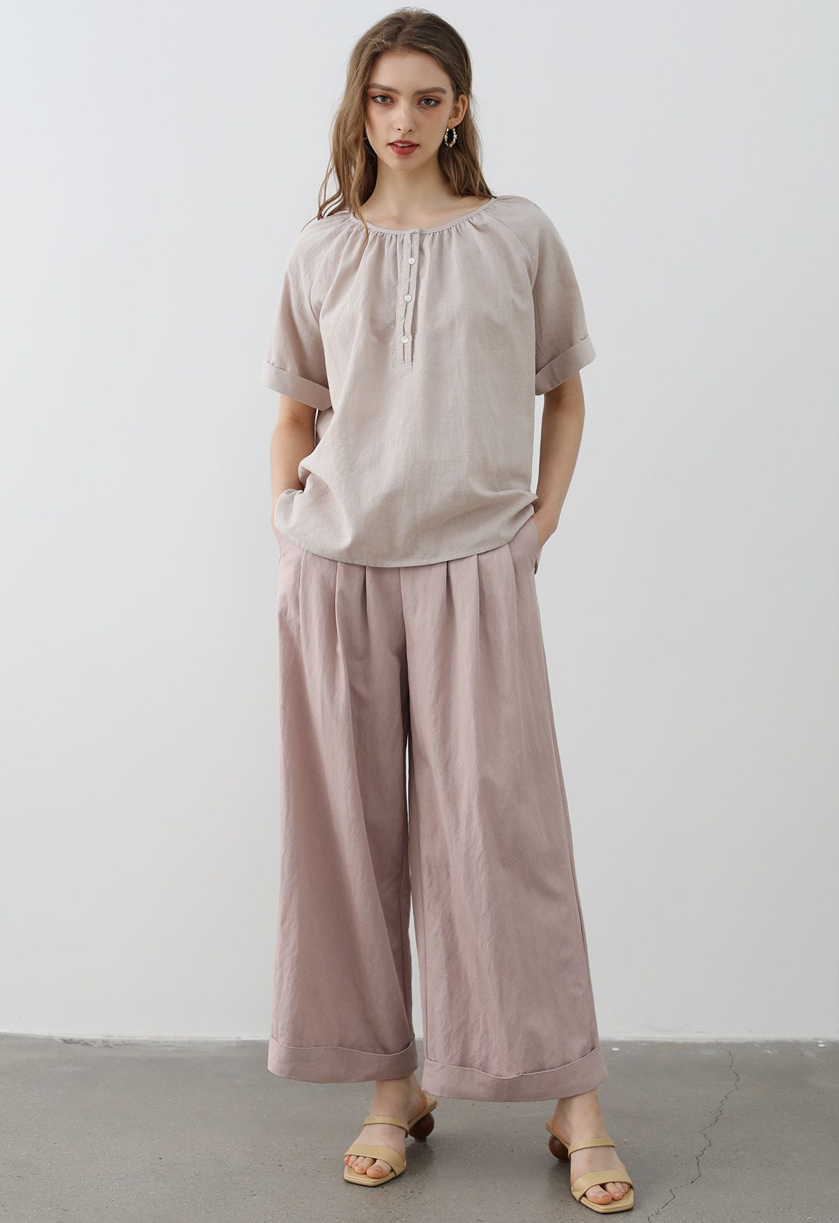 Buttoned Front Roll-Cuff Dolly Top in Dusty Pink