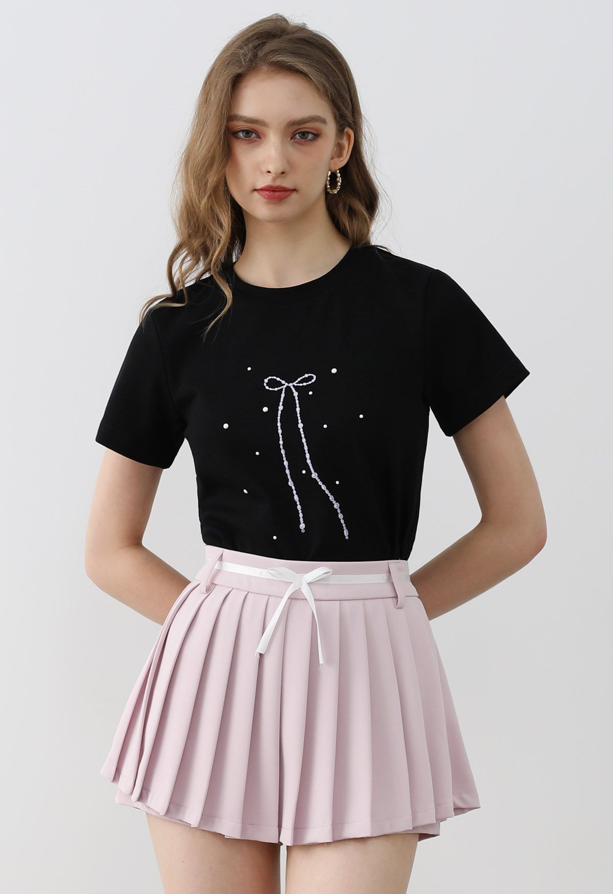 Bowknot Print Short Sleeve T-Shirt in Black