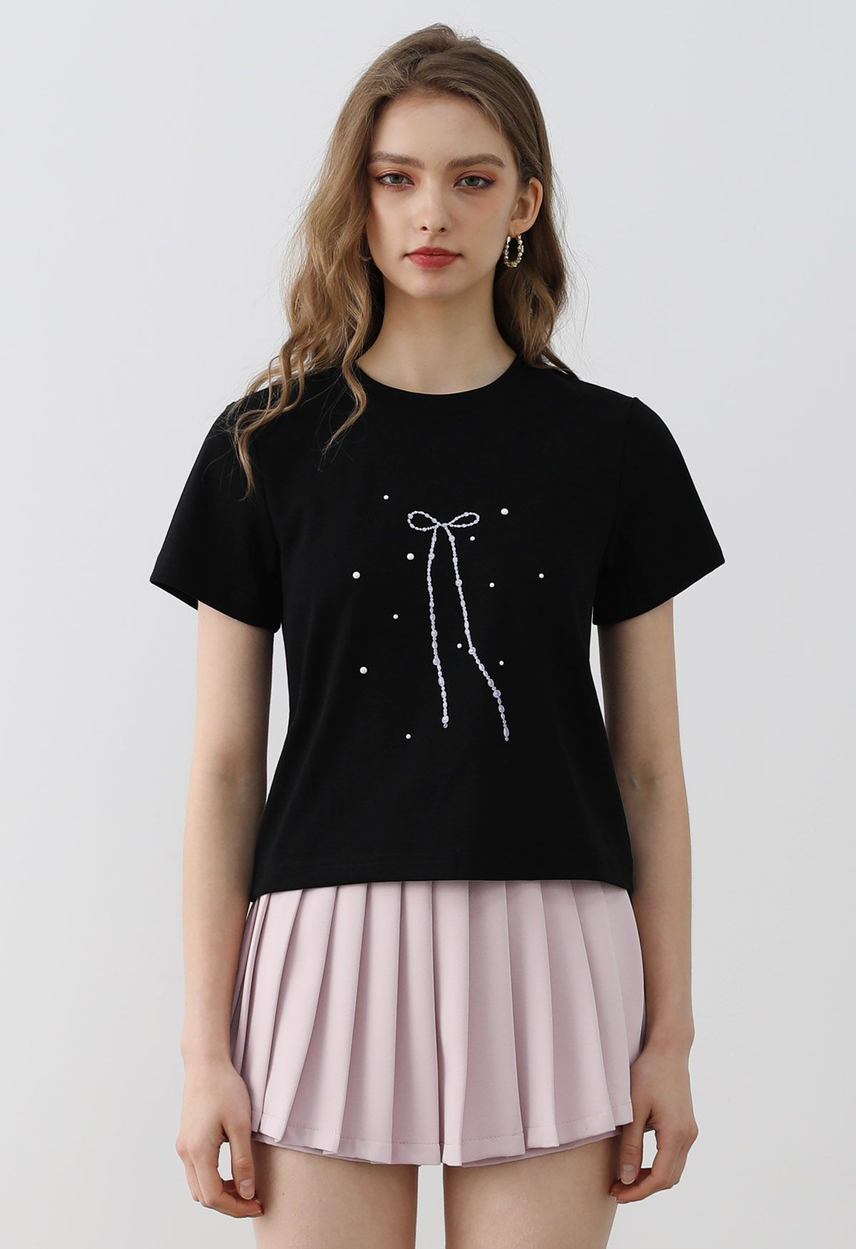 Bowknot Print Short Sleeve T-Shirt in Black