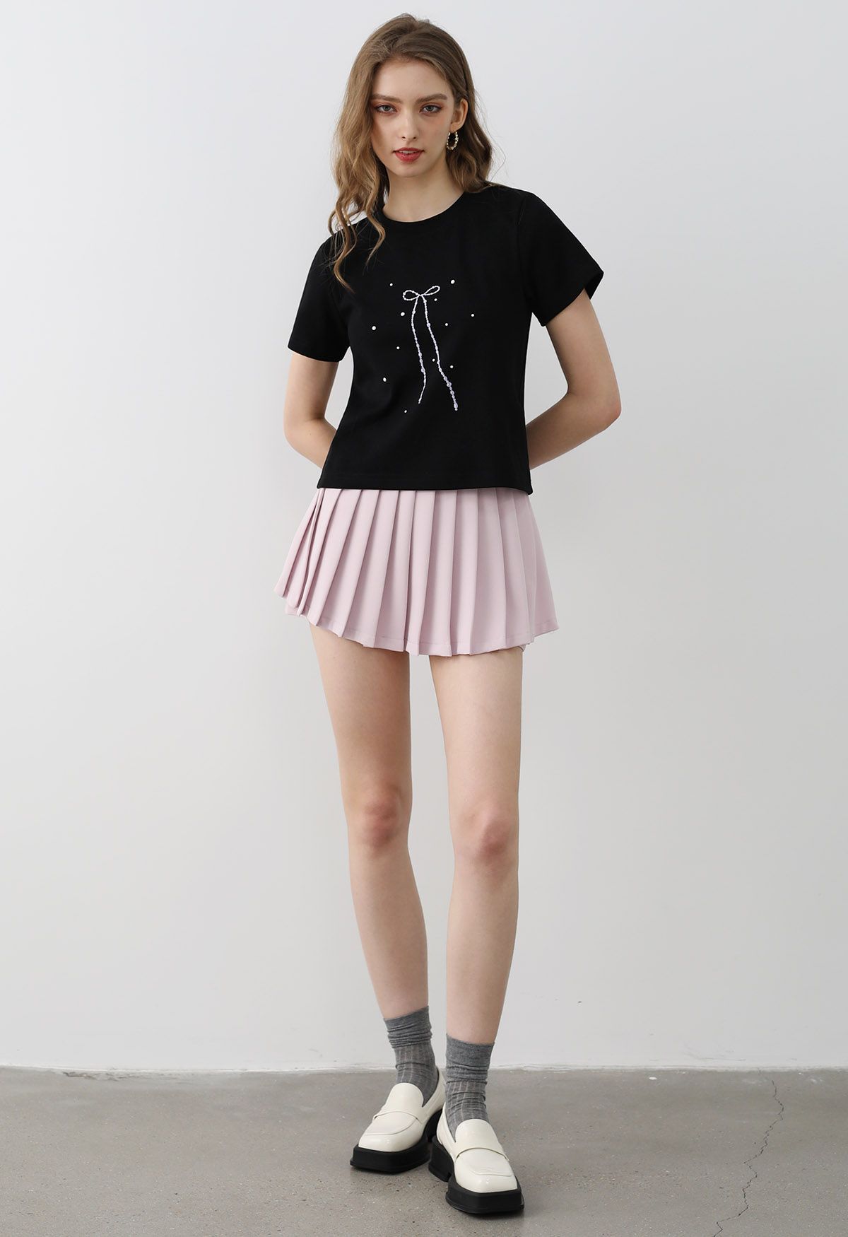 Bowknot Embellished Pleated Mini Skorts in Light Pink