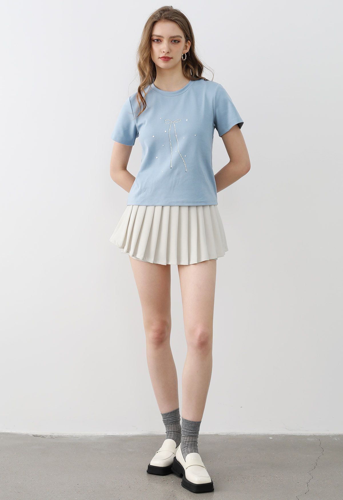 Bowknot Print Short Sleeve T-Shirt in Dusty Blue