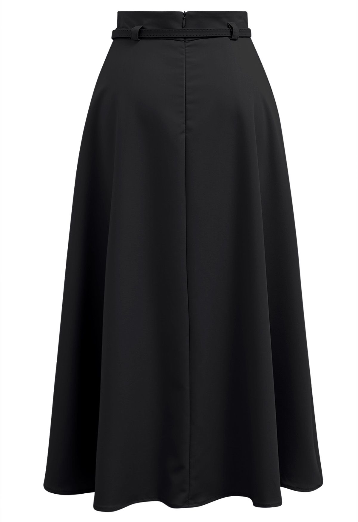 Side Pockets Pleated Belt Midi Skirt in Black