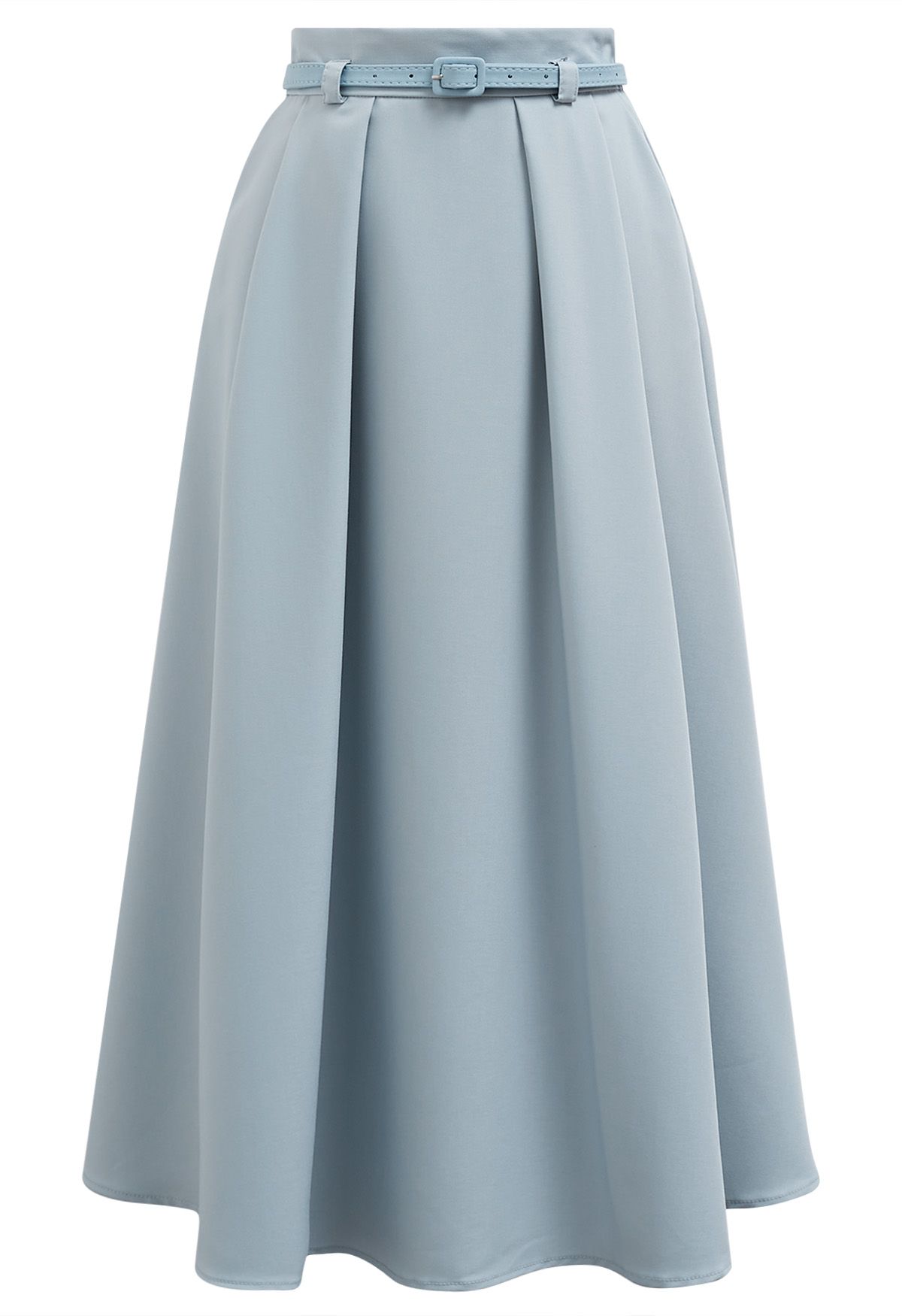 Side Pockets Pleated Belt Midi Skirt in Dusty Blue