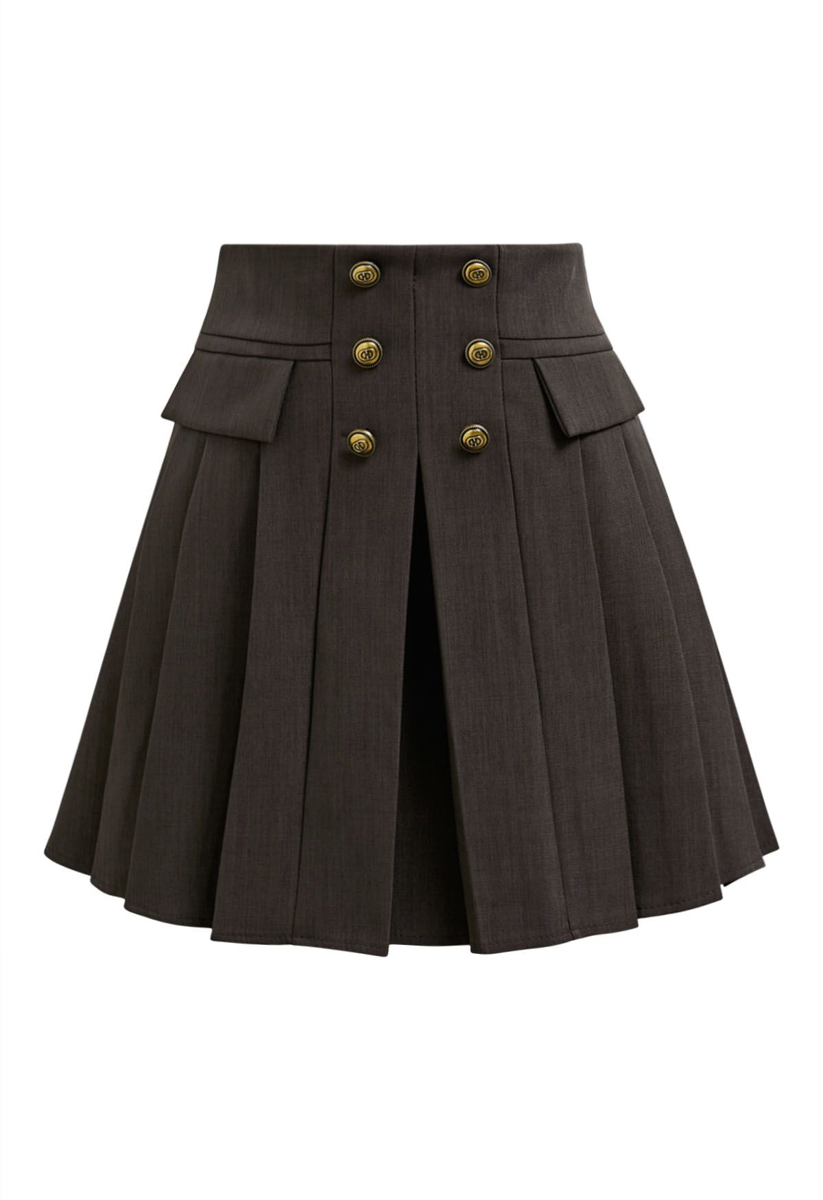 Double-Breasted Pleated Preppy Mini Skorts in Brown