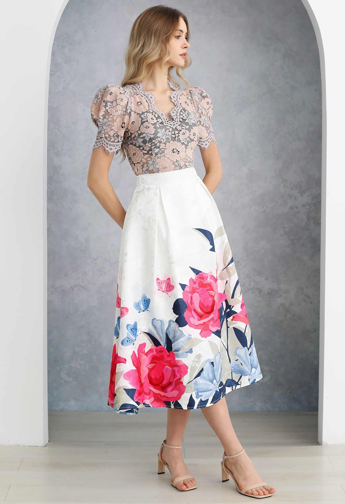 Garden Blossom Jacquard Pleated Flare Midi Skirt