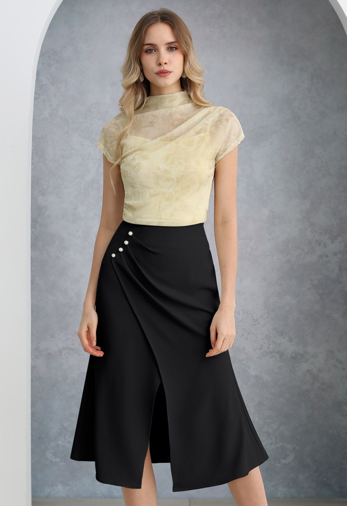 Pearl Side Pleats Asymmetric Flap Midi Skirt in Black