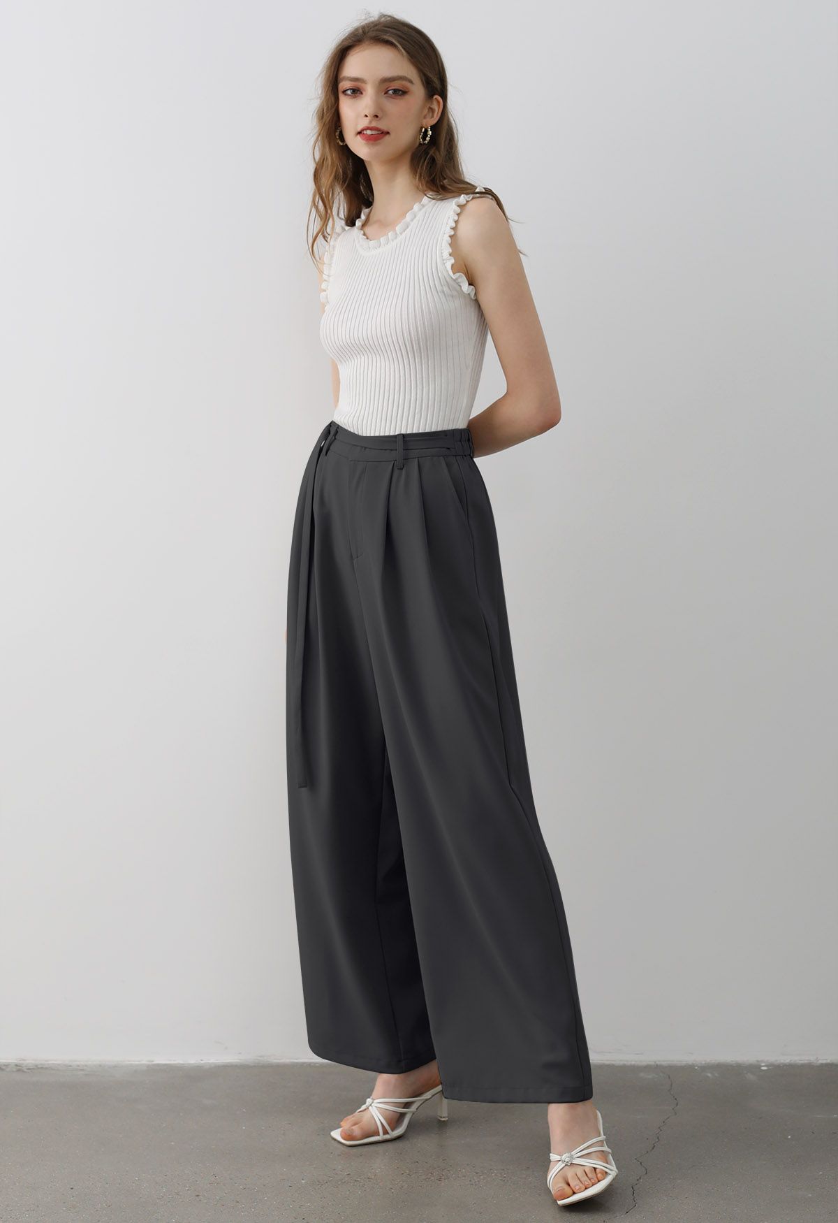 Belted Waist Pleated Palazzo Pants in Smoke