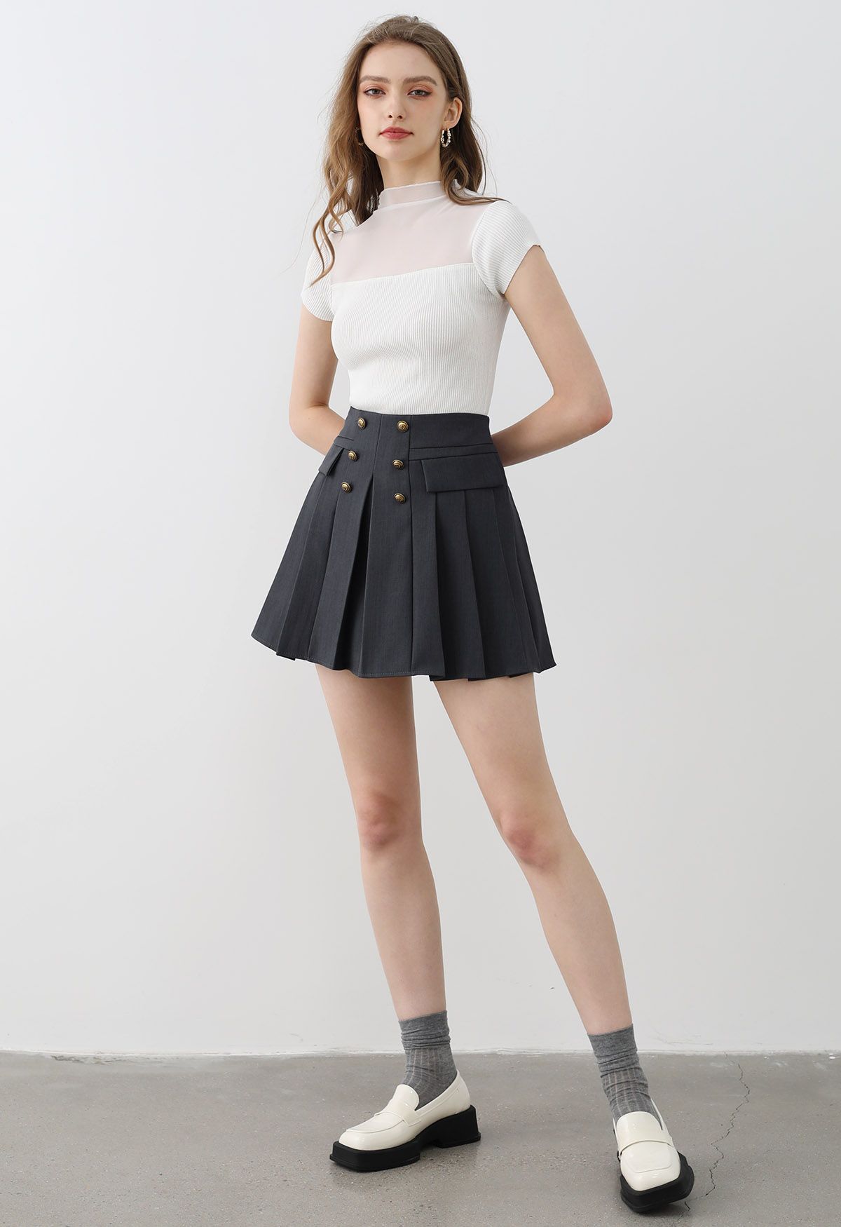 Double-Breasted Pleated Preppy Mini Skorts in Smoke