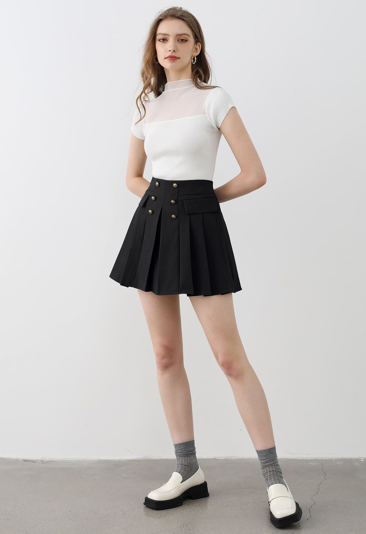 Double-Breasted Pleated Preppy Mini Skorts in Black