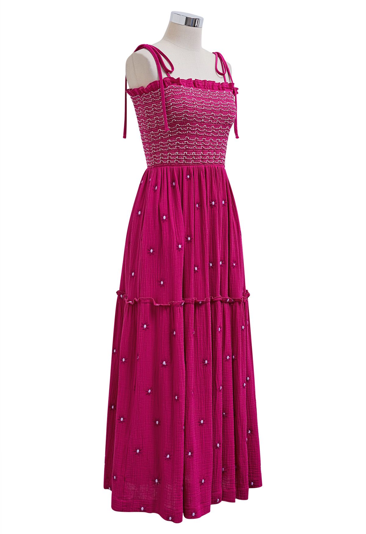 Floret Embroidery Tie-Shoulder Shirred Dress in Hot Pink