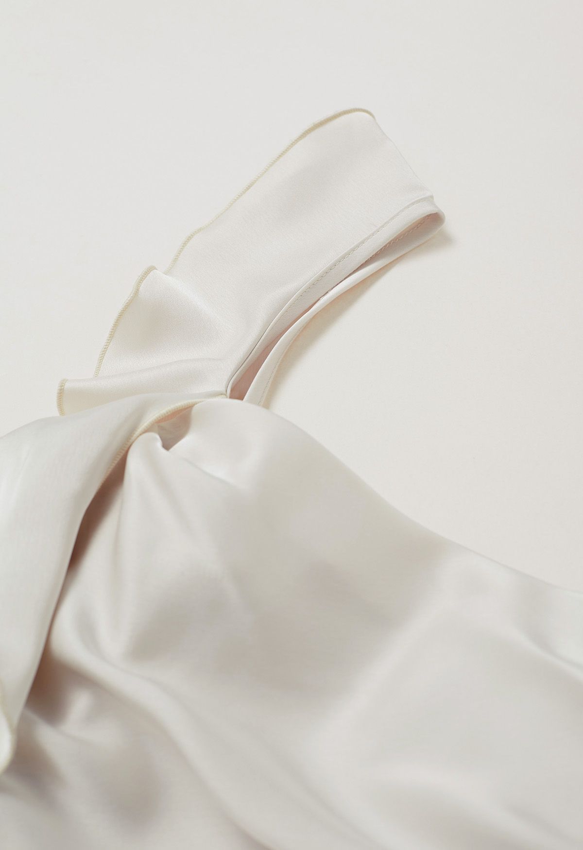 Cascading Ruffle Trim Ruched Satin Dress in Ivory