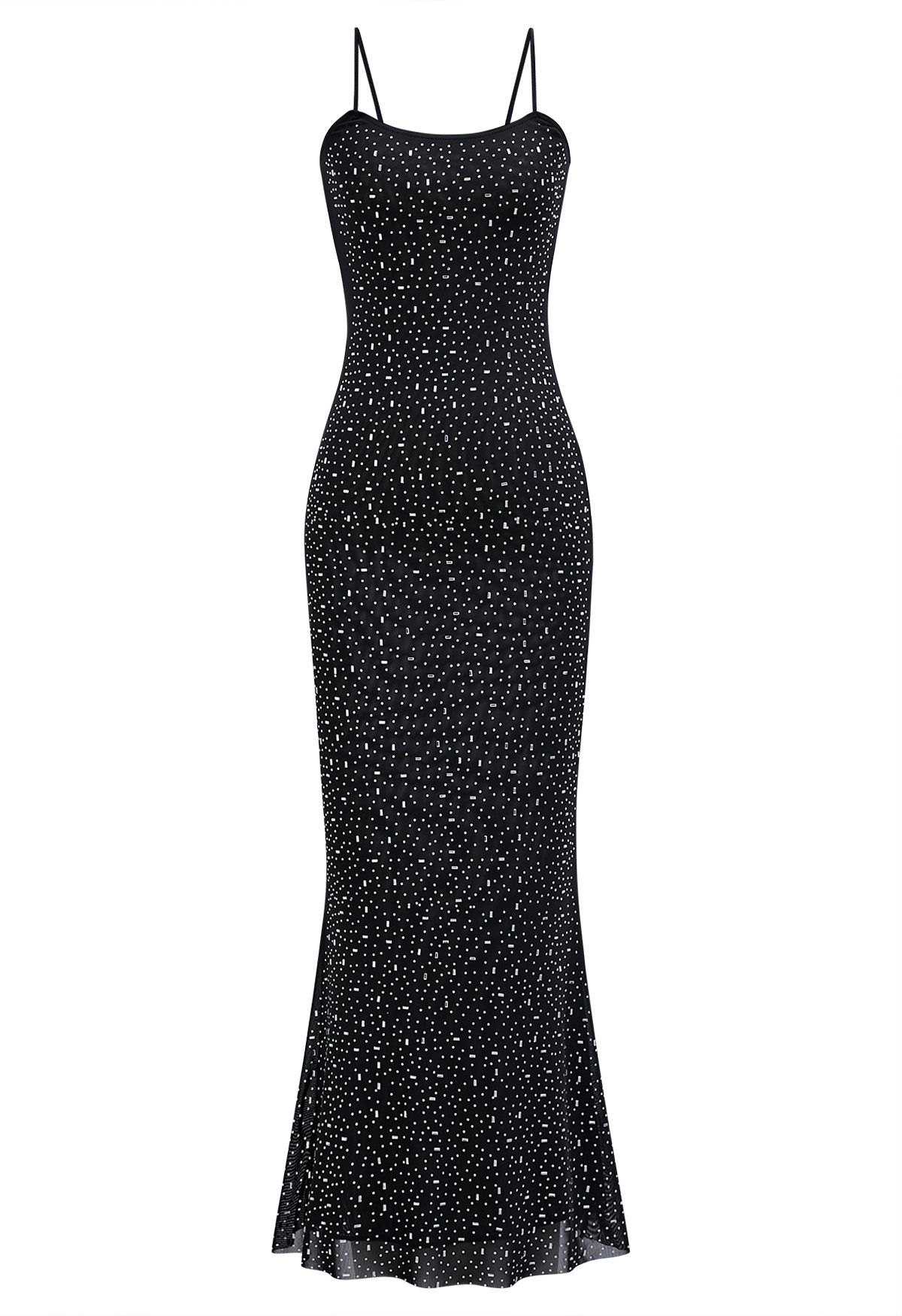 Rhinestone Embellished Bodycon Mesh Maxi Dress in Black