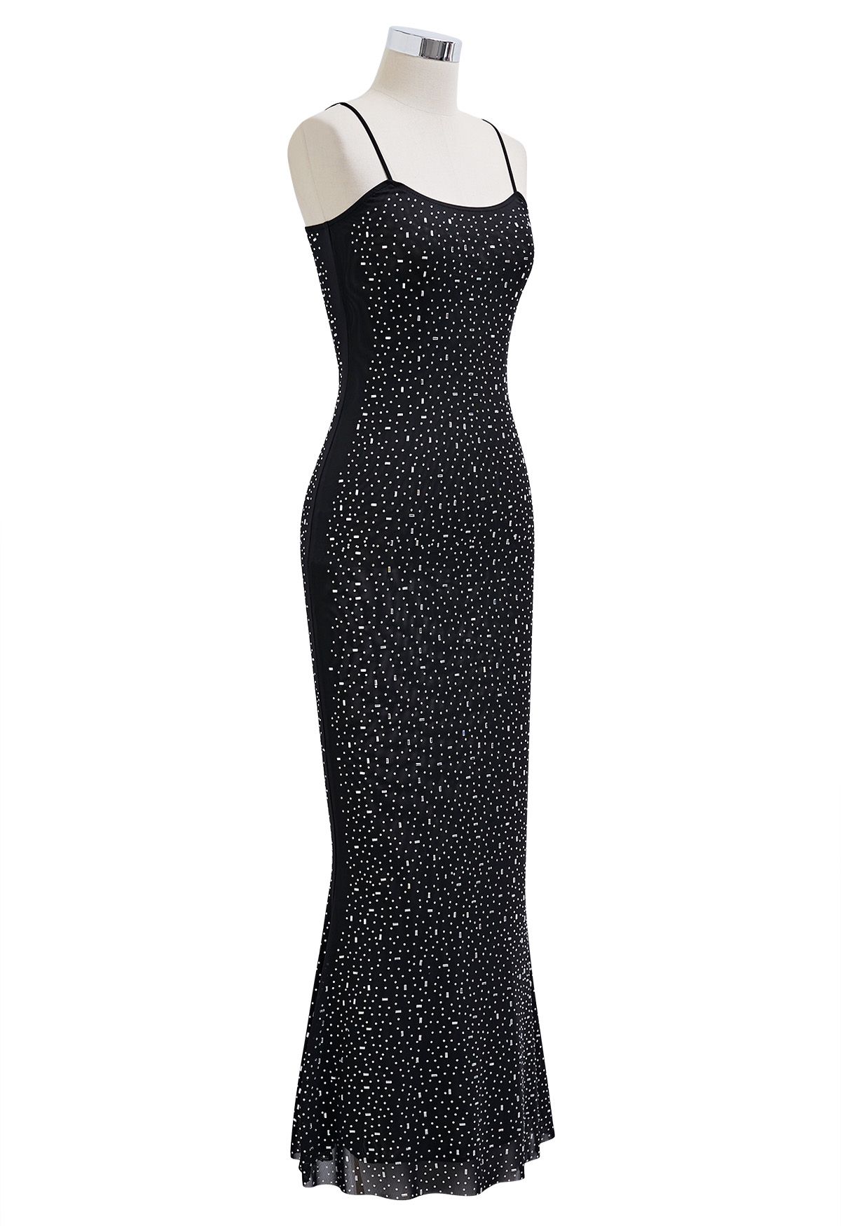 Rhinestone Embellished Bodycon Mesh Maxi Dress in Black