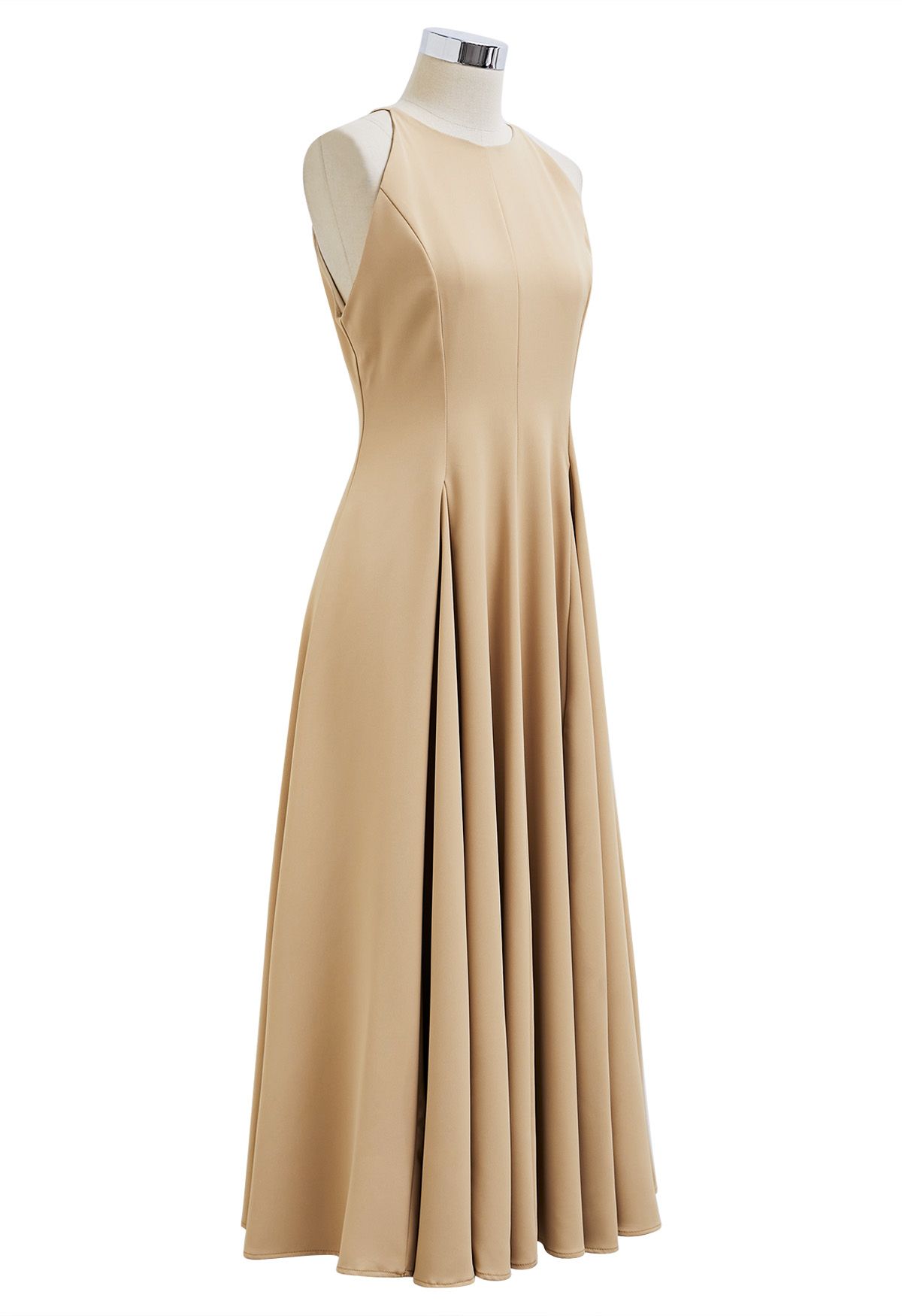 Refined Halter Neck Panelled Midi Dress in Camel