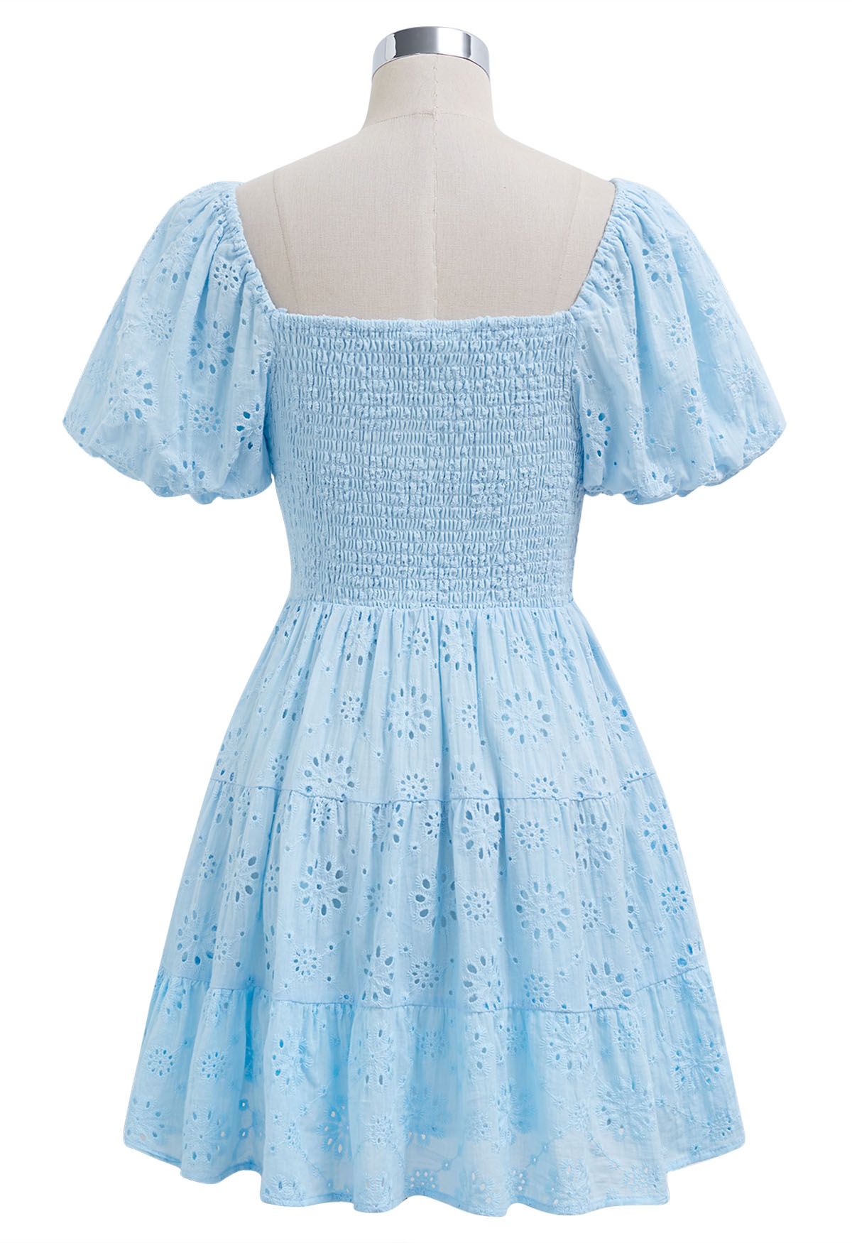 Floral Eyelet Bubble Sleeve Mini Dress in Blue