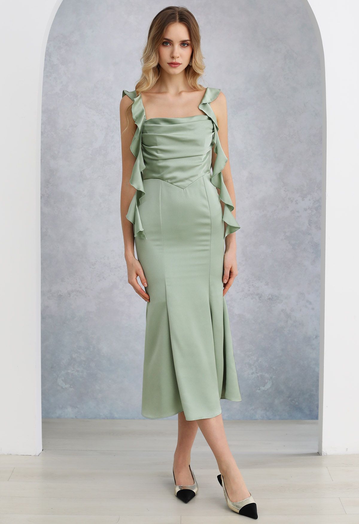 Cascading Ruffle Trim Ruched Satin Dress in Mint