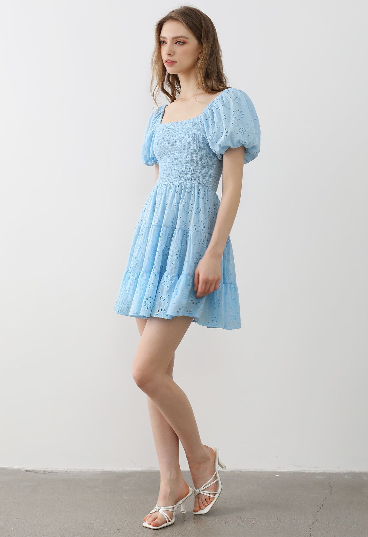 Floral Eyelet Bubble Sleeve Mini Dress in Blue