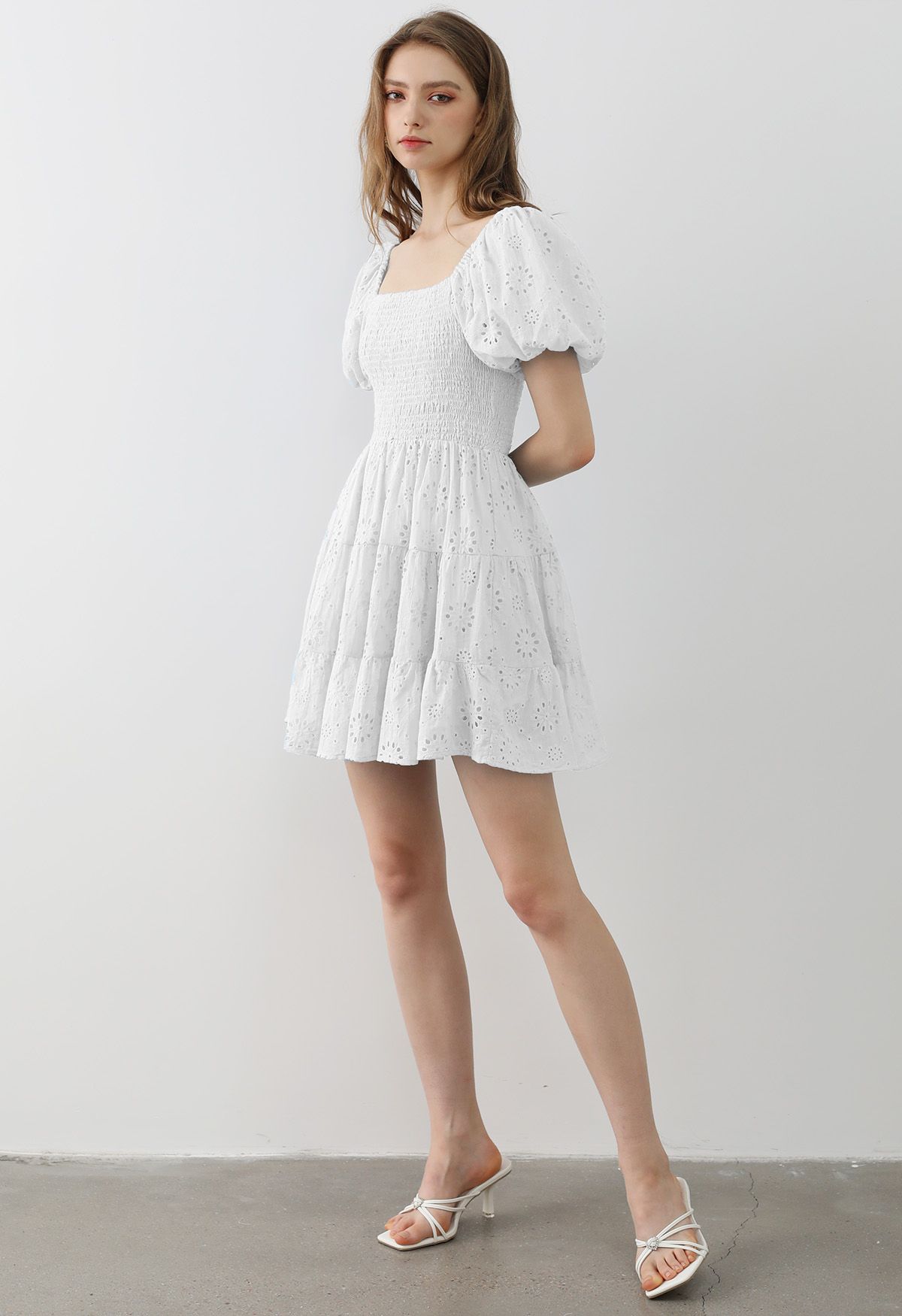 Floral Eyelet Bubble Sleeve Mini Dress in White