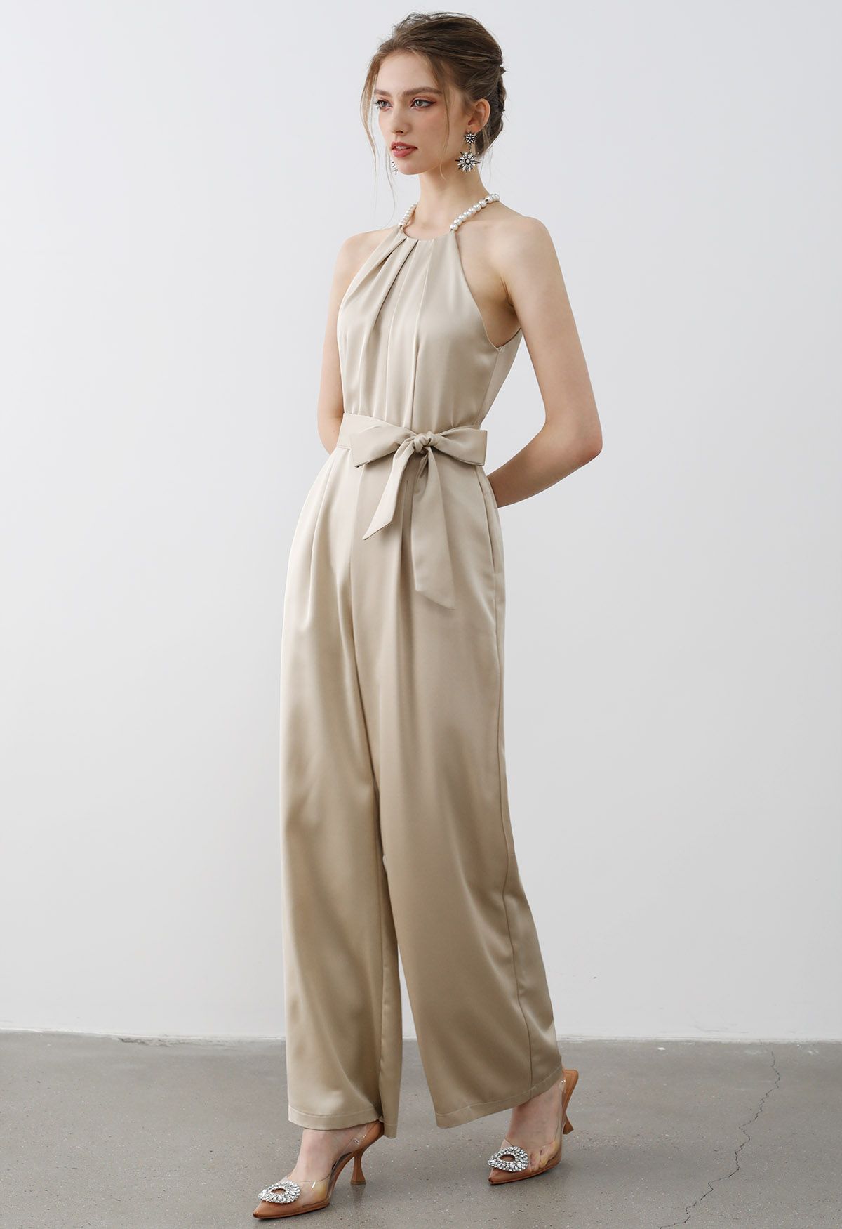 Satin Tie-Waist Pearly Halter Jumpsuit in Sand