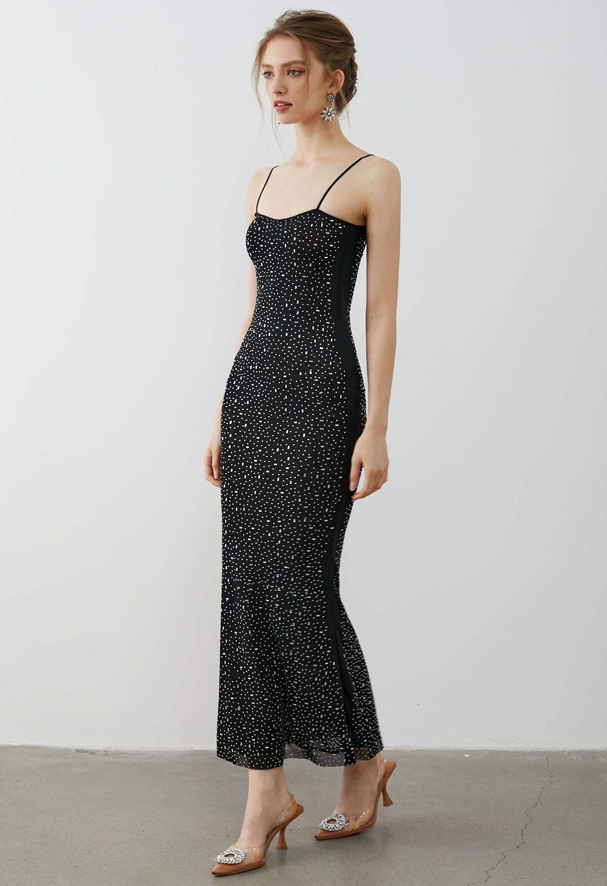 Rhinestone Embellished Bodycon Mesh Maxi Dress in Black