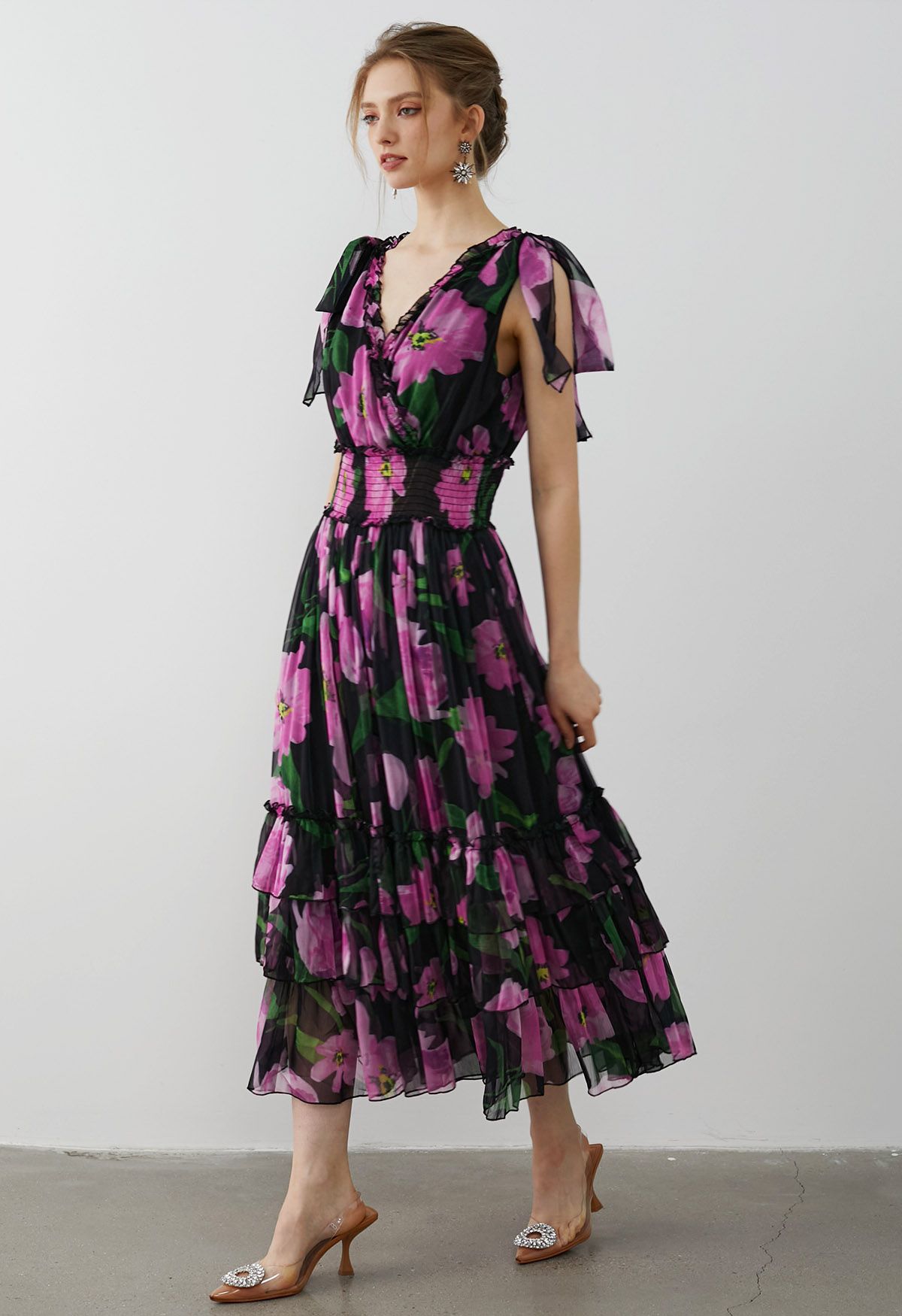 Floral Printed Tie Bow Ruffle Wrapped Dress