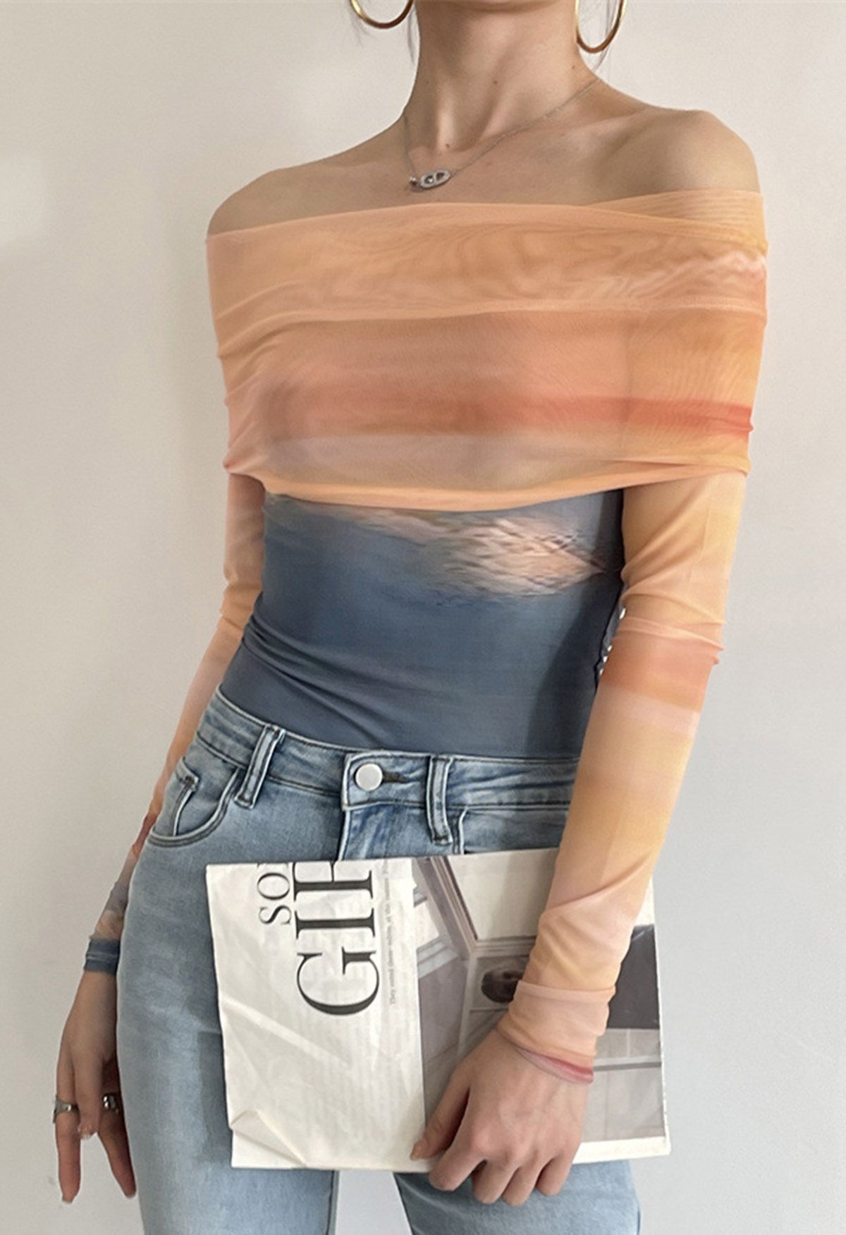 Gradient Tie Dye Off-Shoulder Mesh Top 