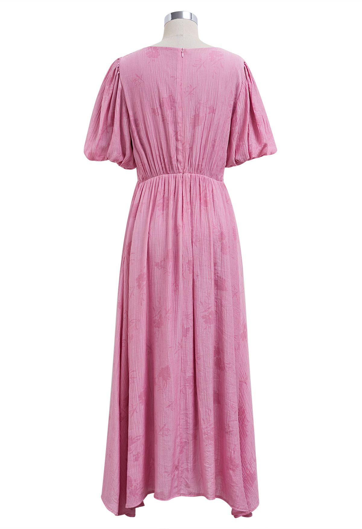 Subtle Floral Texture Drawstring V-Neck Midi Dress in Pink