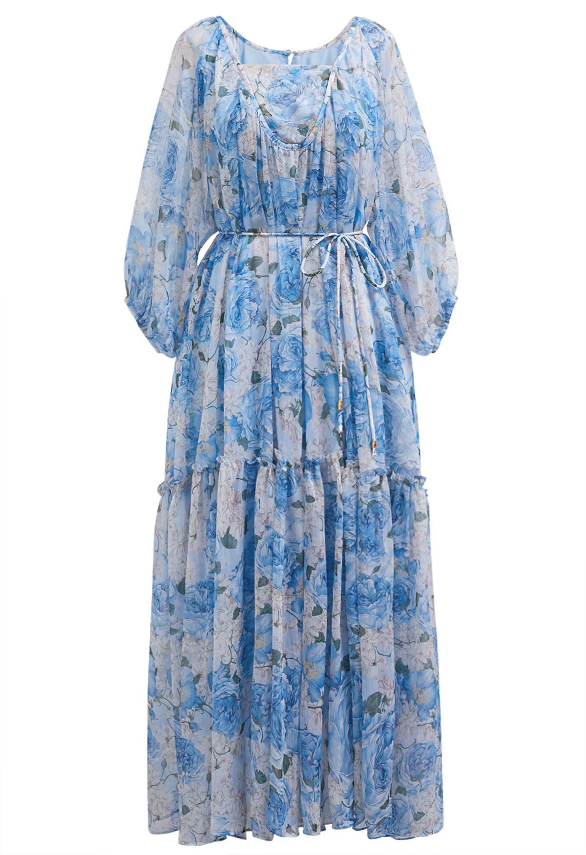 Gauzy Floral Print Bubble Sleeve Dolly Dress in Blue