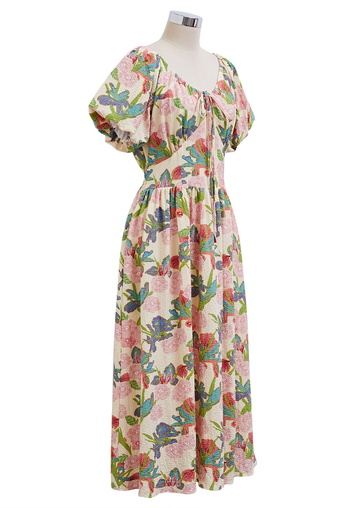 Leafy Garden Rose Print Puff Sleeve Midi Dress