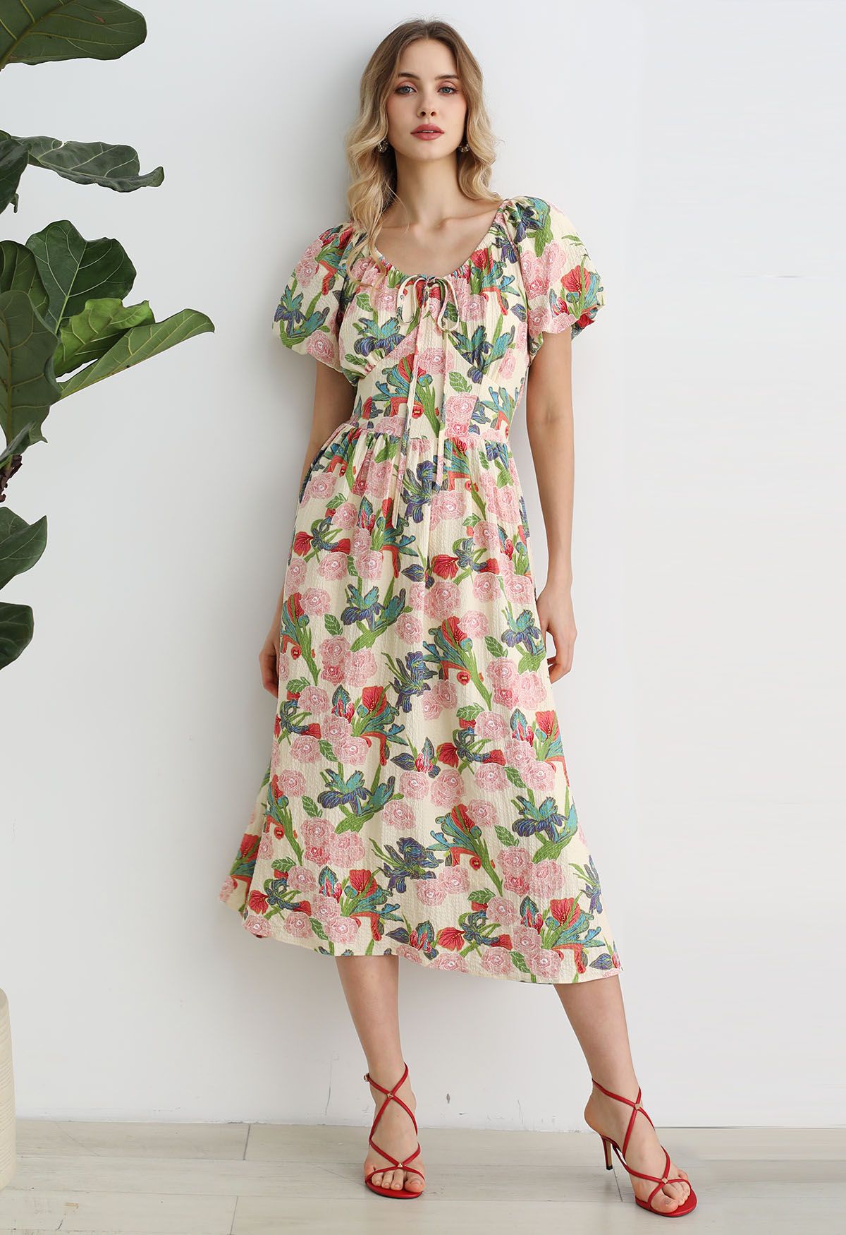 Leafy Garden Rose Print Puff Sleeve Midi Dress