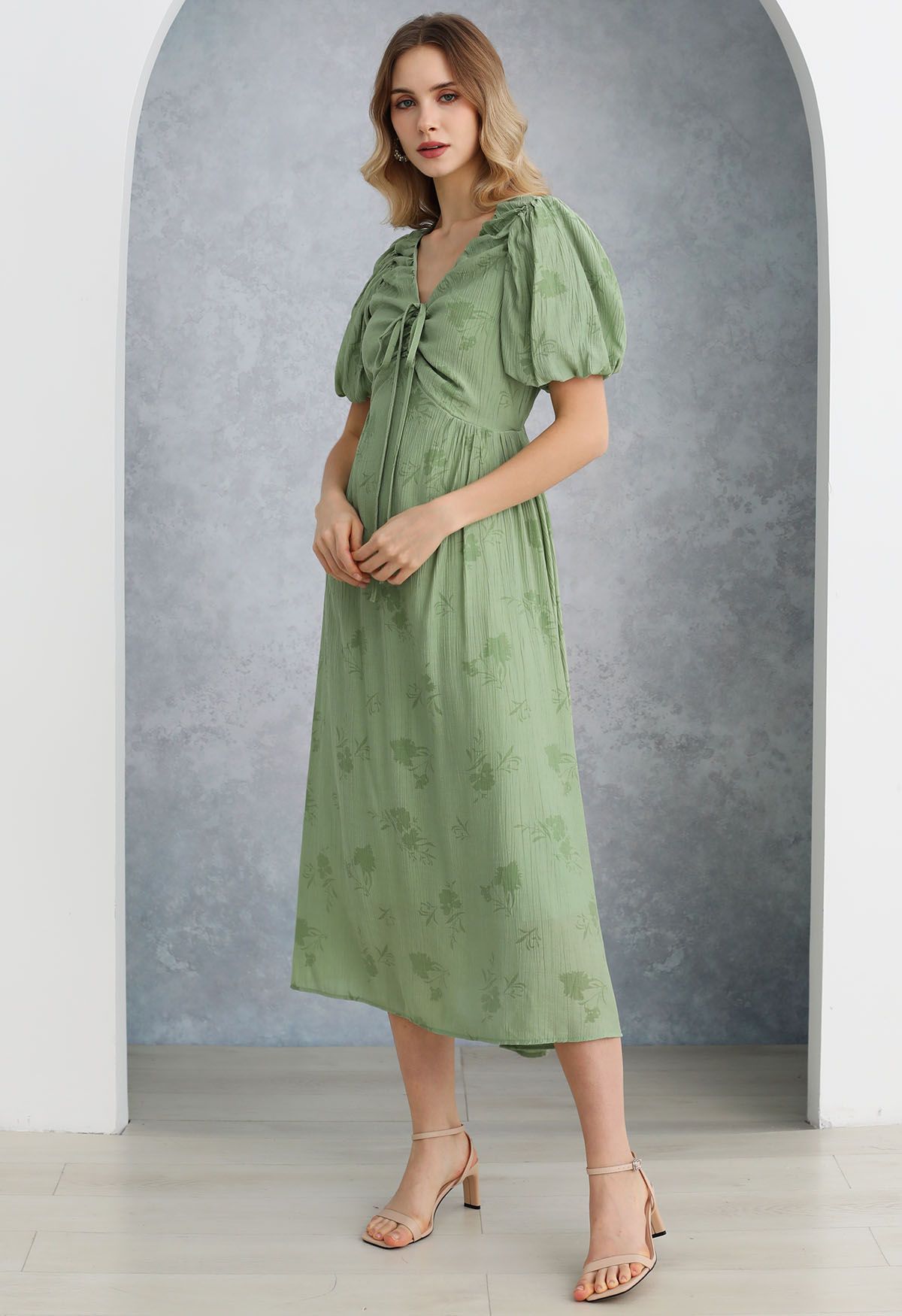 Subtle Floral Texture Drawstring V-Neck Midi Dress in Green