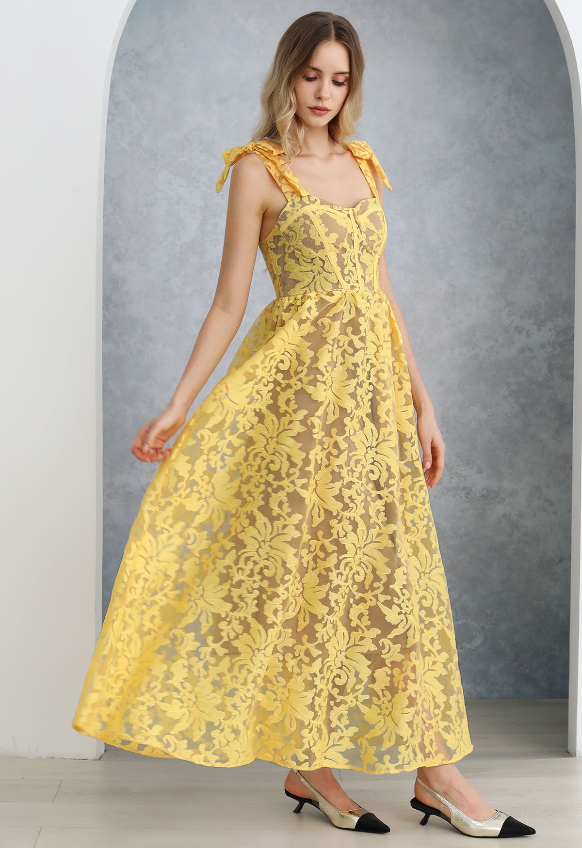 Yellow Embroidered Floral Organza Cami Dress