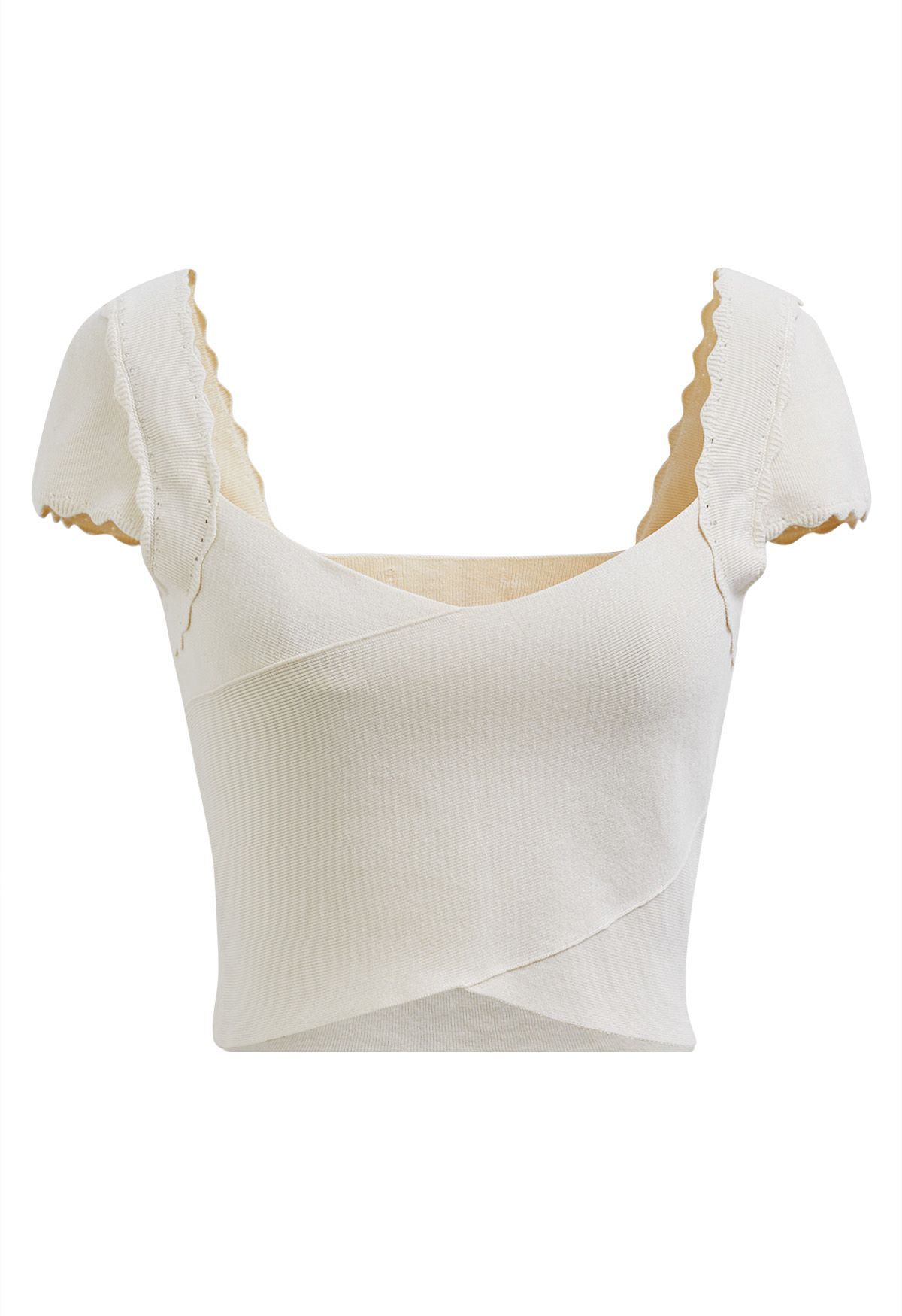 Scalloped Shoulder Knit Crop Top in Cream