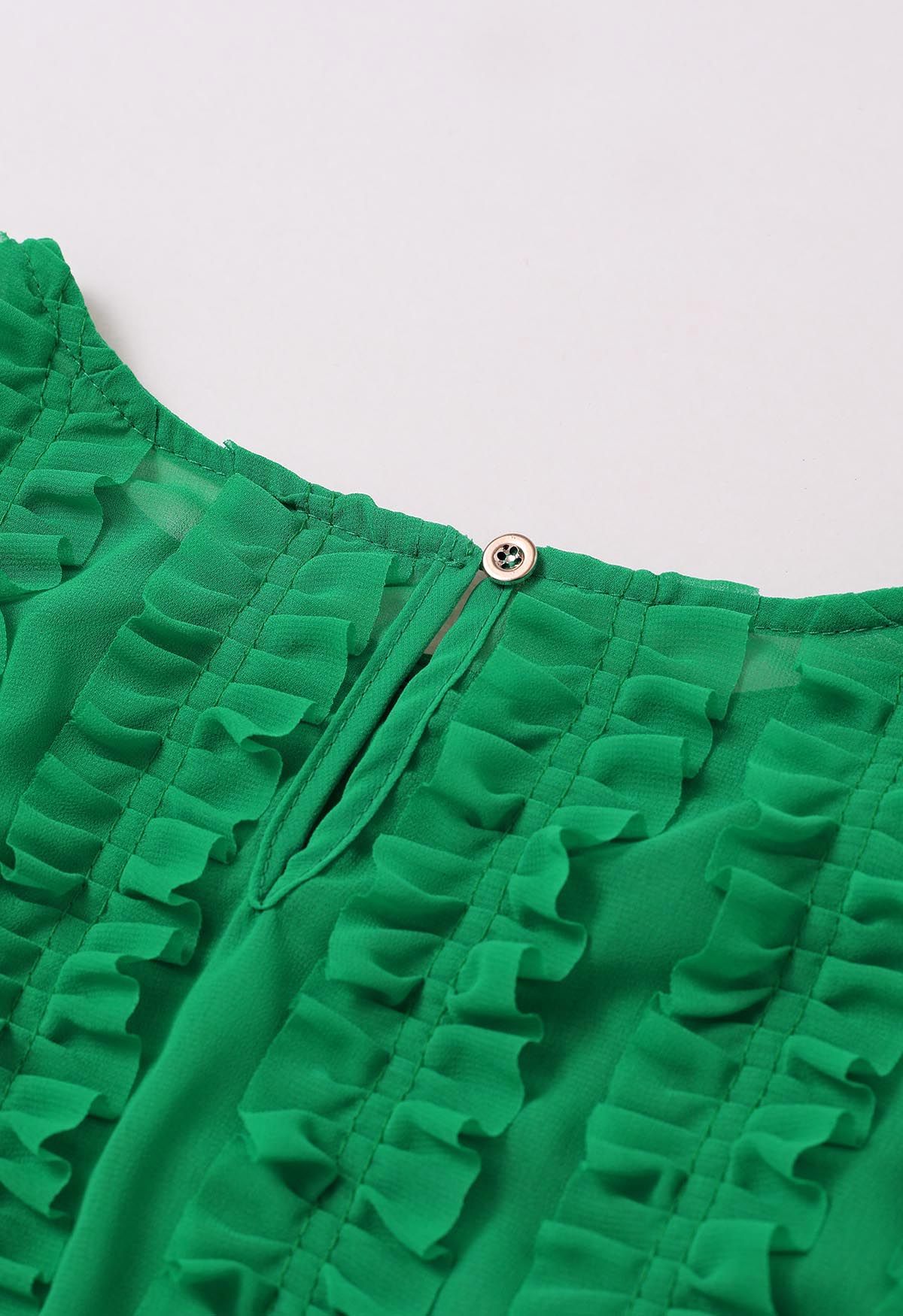 Bubble Sleeve Ruffle Trim Chiffon Spliced Crop Top in Green