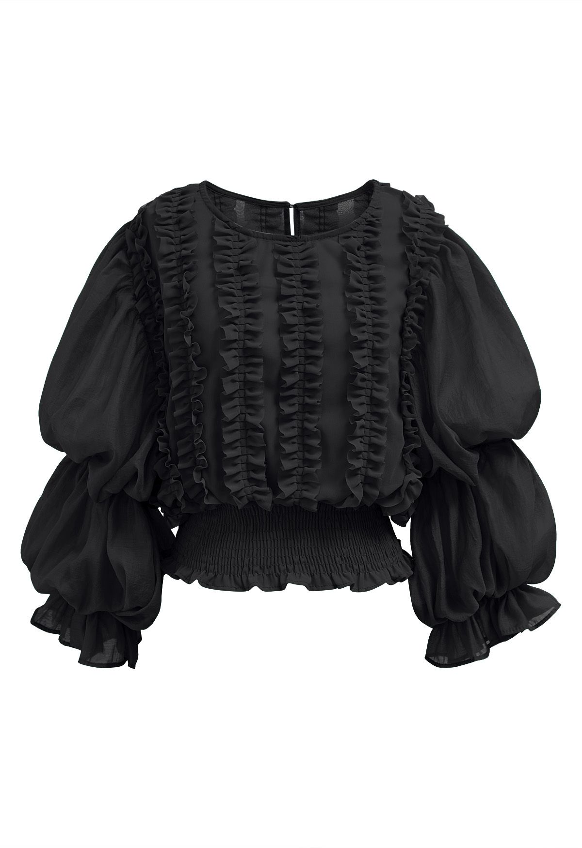 Bubble Sleeve Ruffle Trim Chiffon Spliced Crop Top in Black