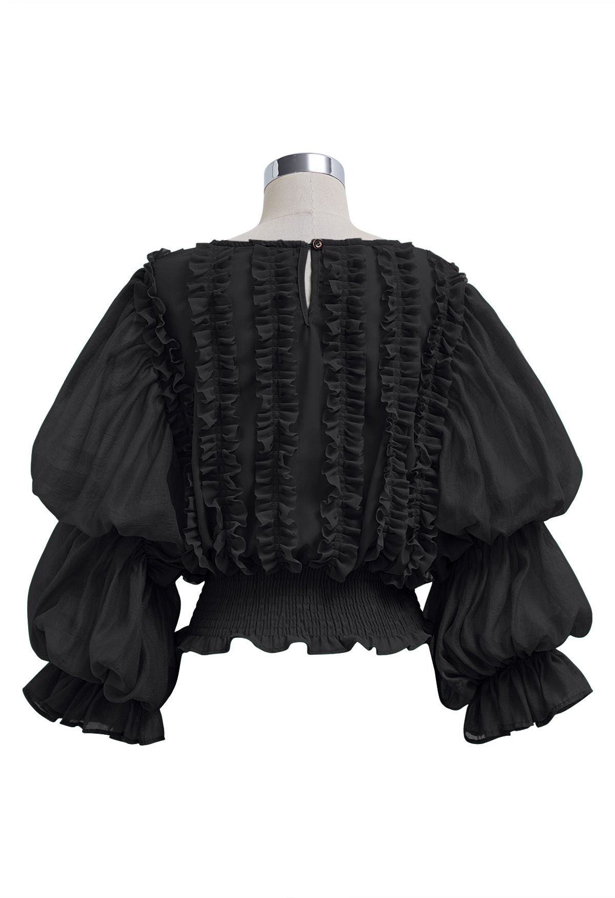 Bubble Sleeve Ruffle Trim Chiffon Spliced Crop Top in Black