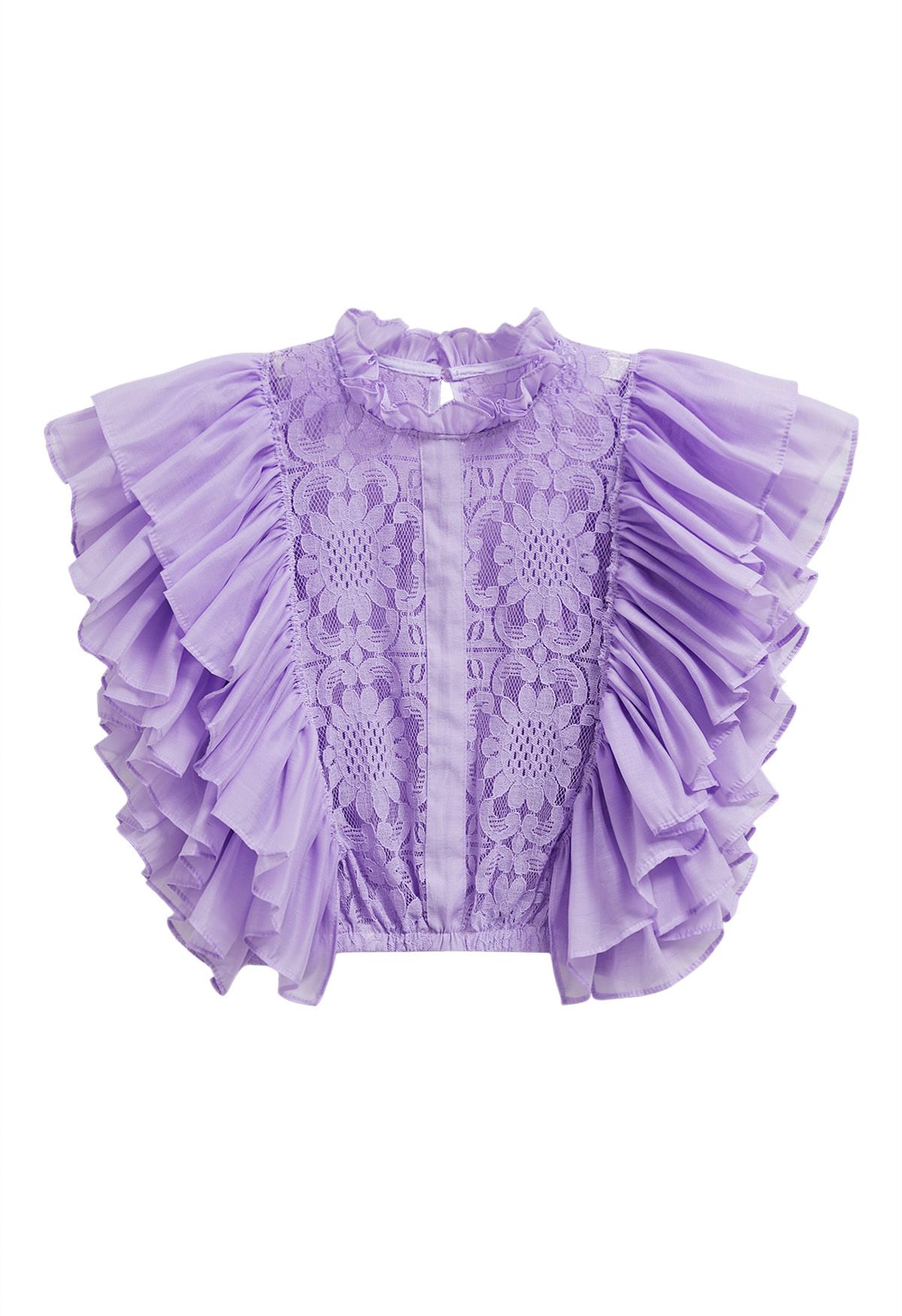 Tiered Ruffle Sleeveless Lace Crop Top in Lilac