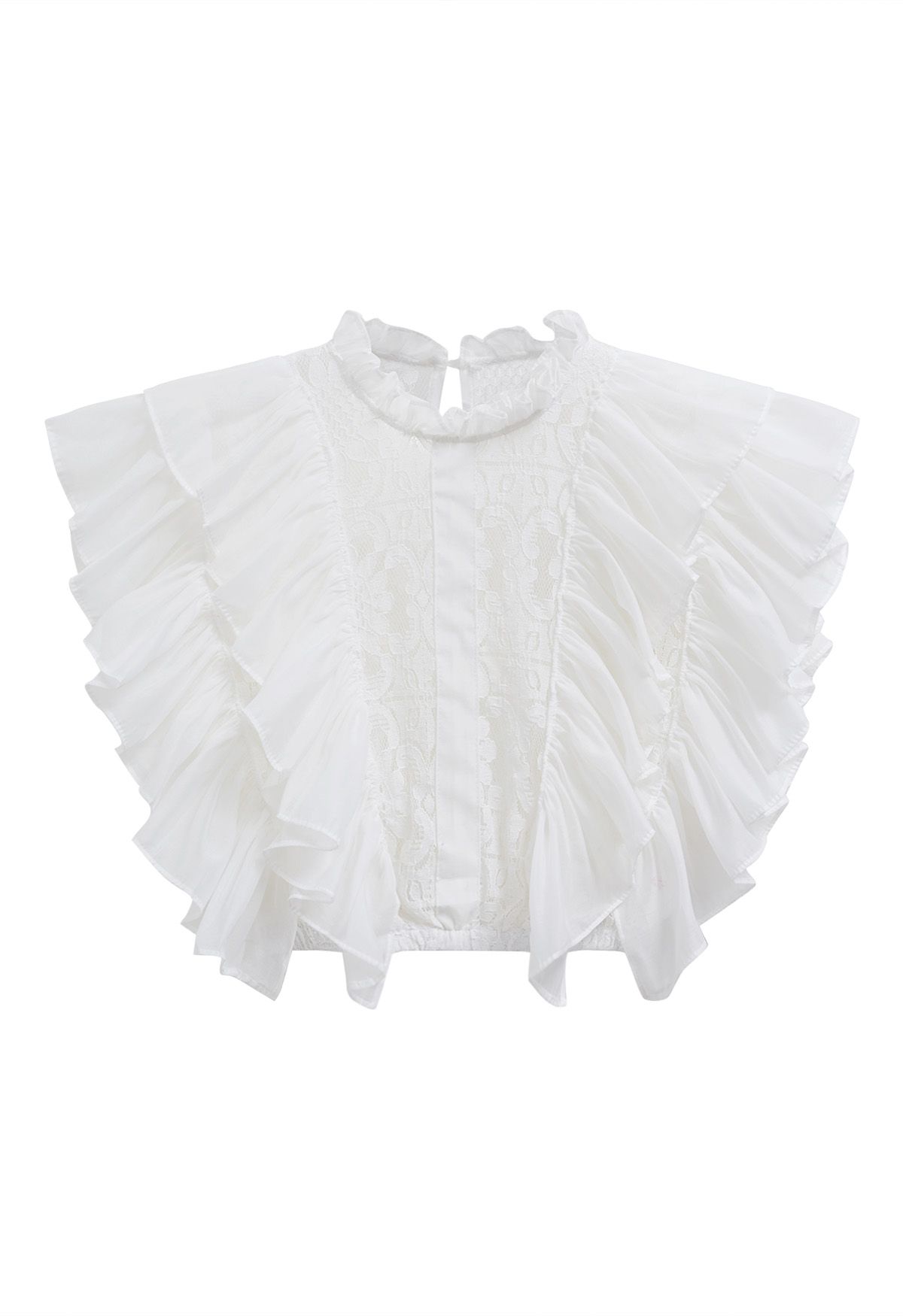 Tiered Ruffle Sleeveless Lace Crop Top in White