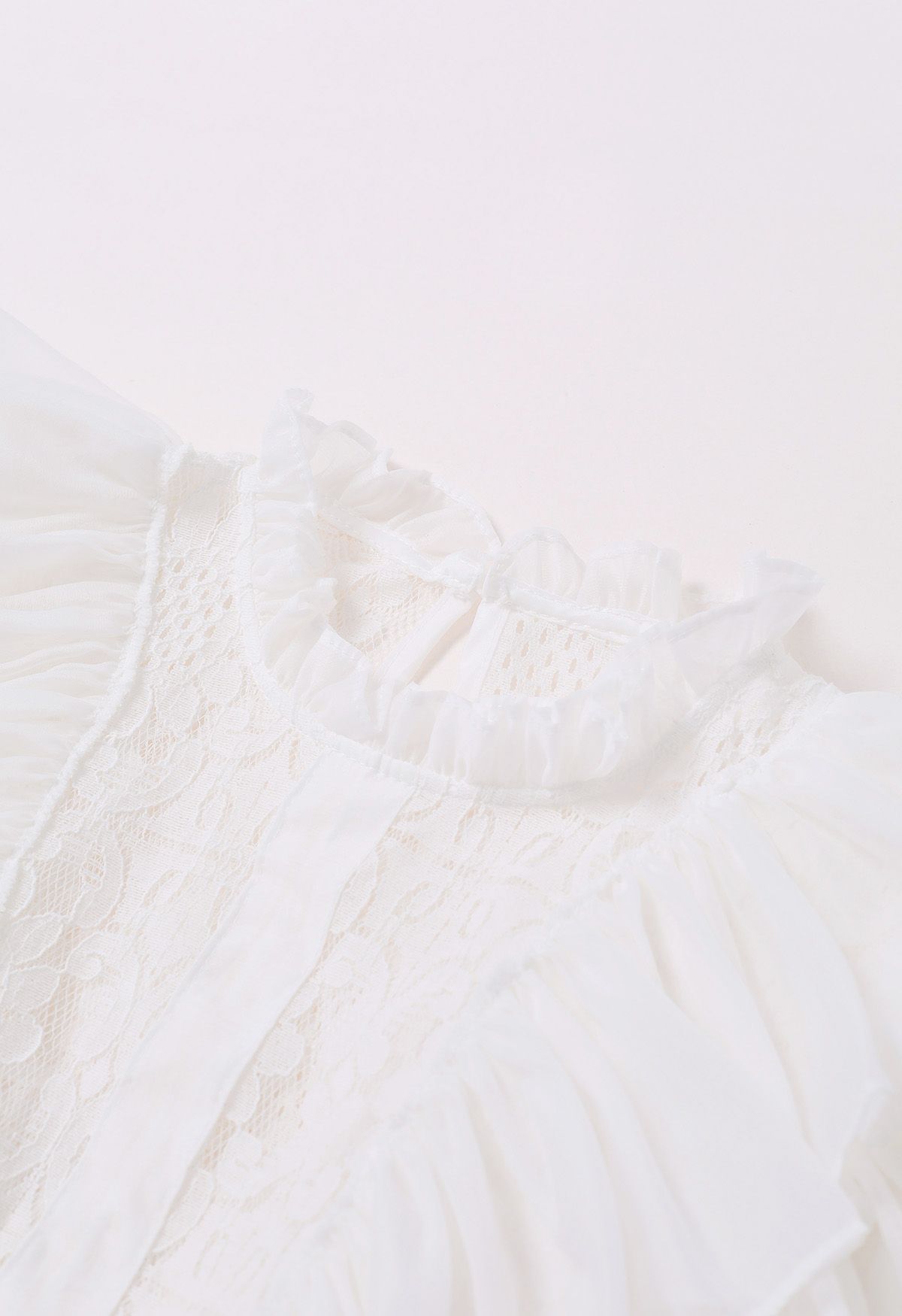 Tiered Ruffle Sleeveless Lace Crop Top in White