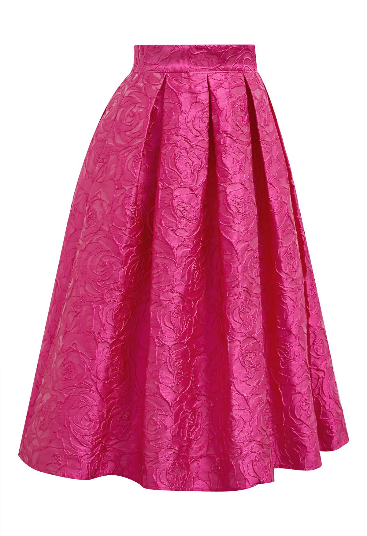 Hot Pink Roses Jacquard Side Pocket Pleated Midi Skirt - Retro, Indie ...