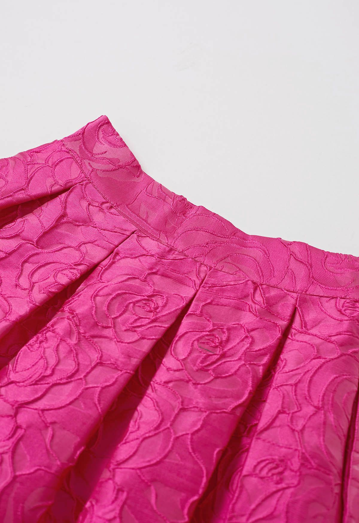 Hot Pink Roses Jacquard Side Pocket Pleated Midi Skirt