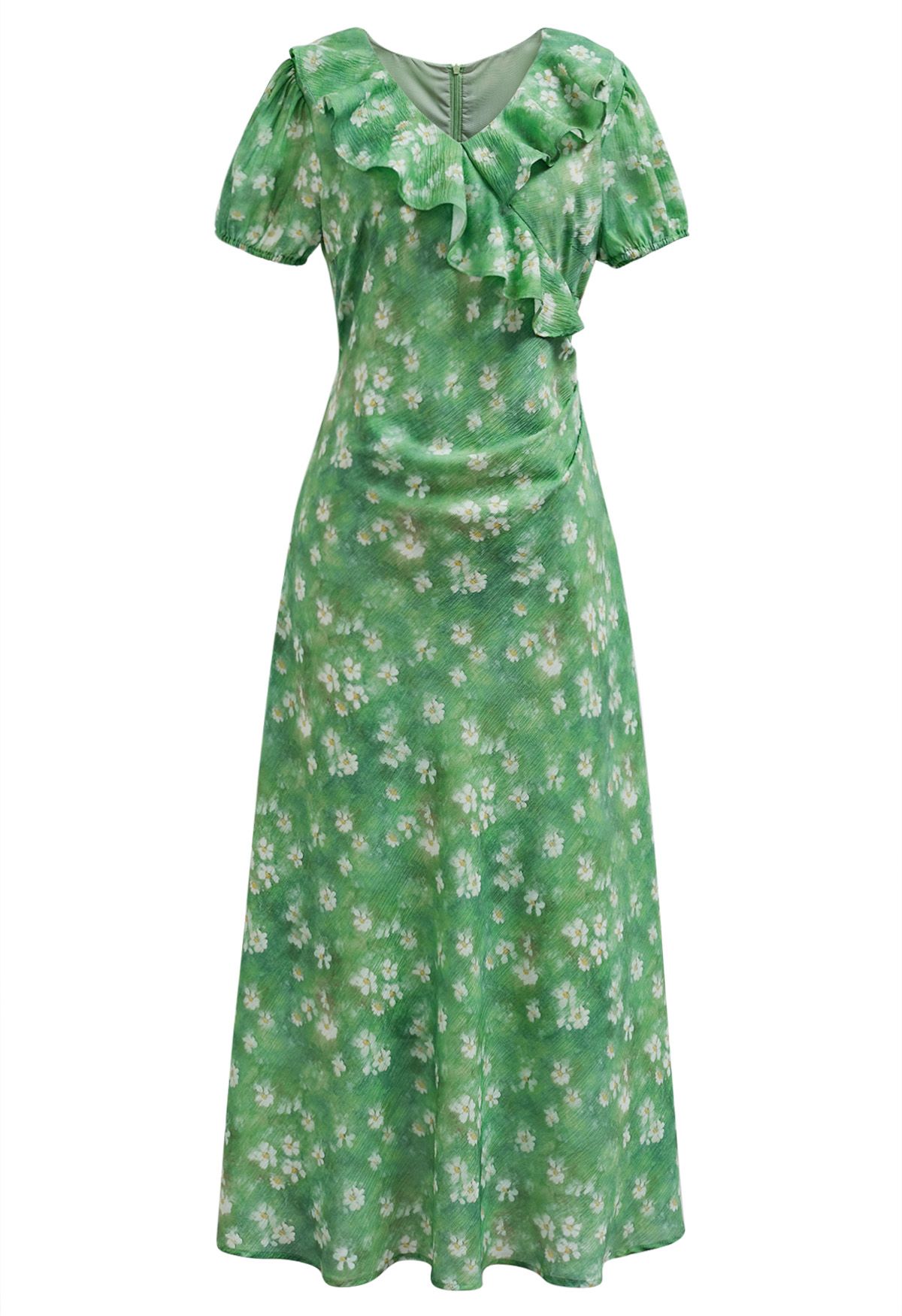 Daisy Printed Ruffle Trim Maxi Dress in Green