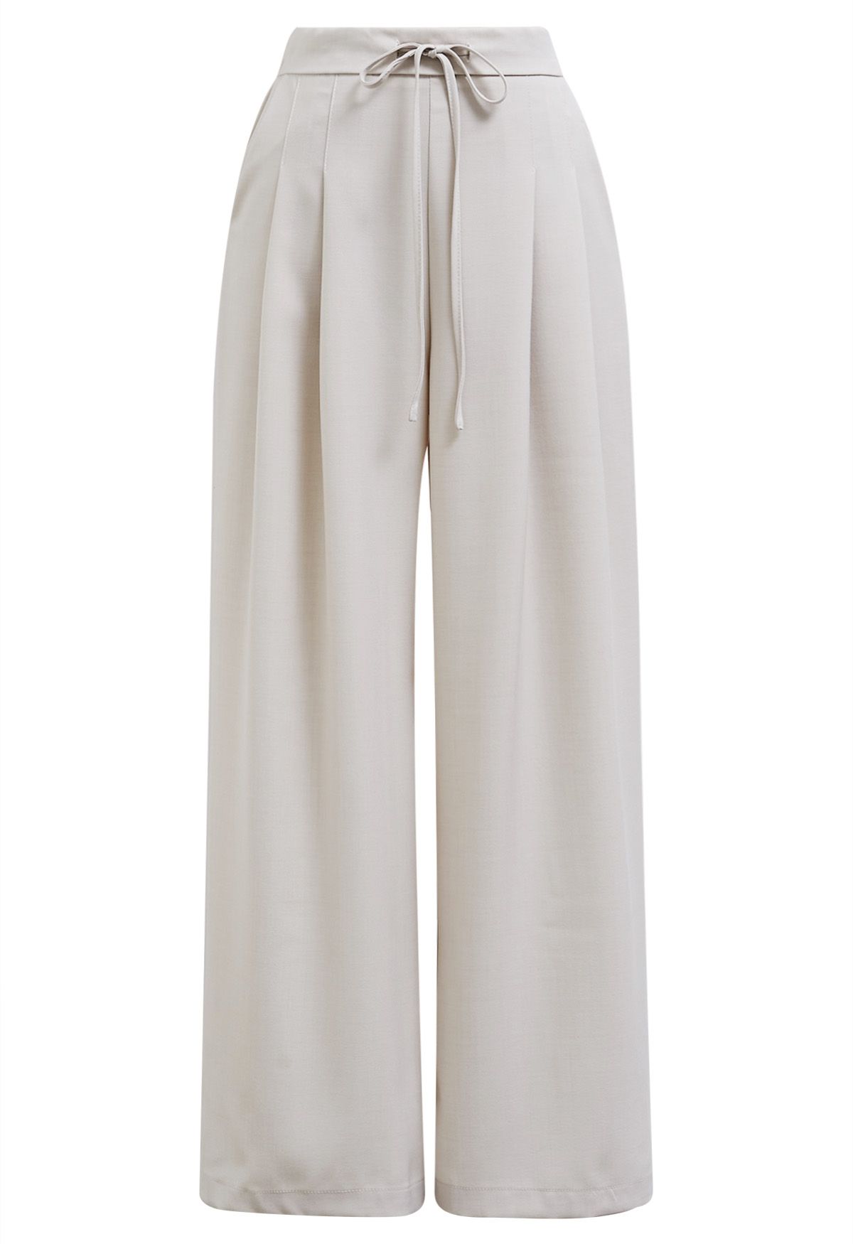 Self-Tie String Pleat Wide-Leg Pants in Ivory