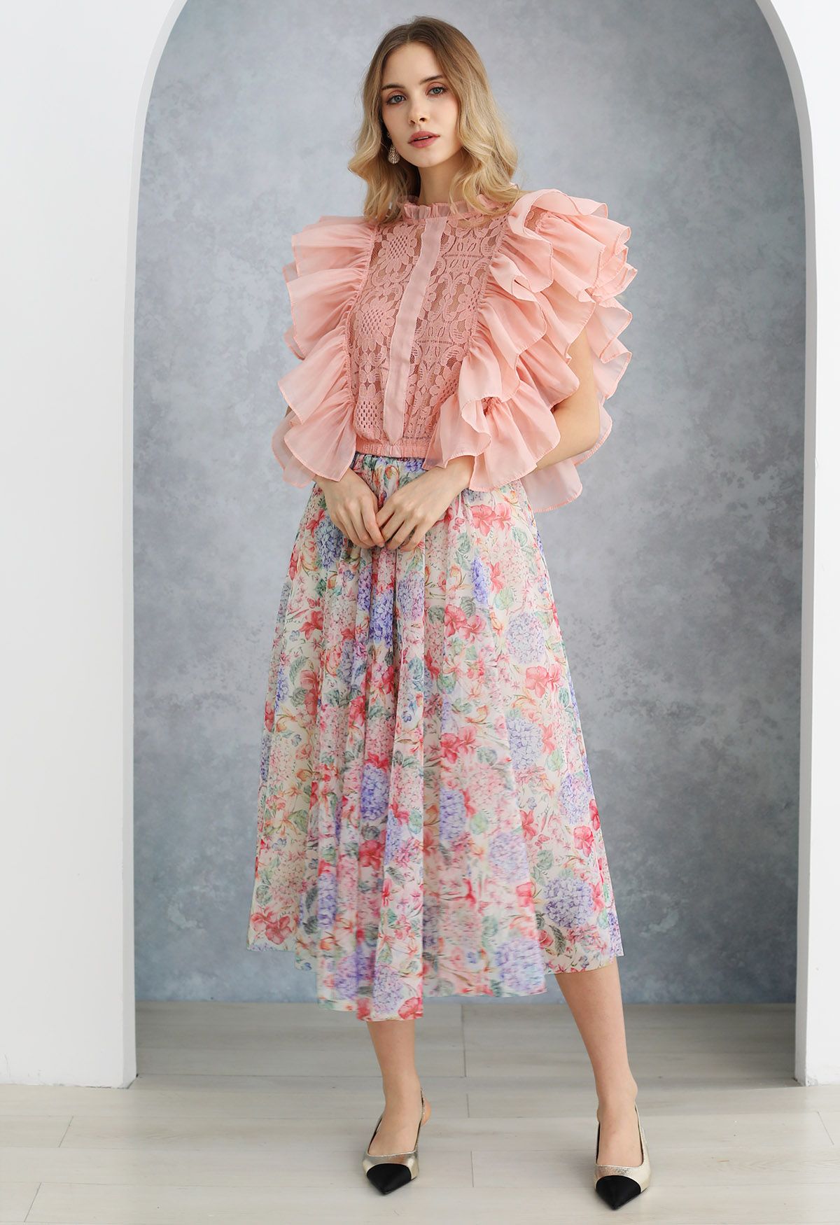 Hydrangea Printed Mesh Tulle Midi Skirt